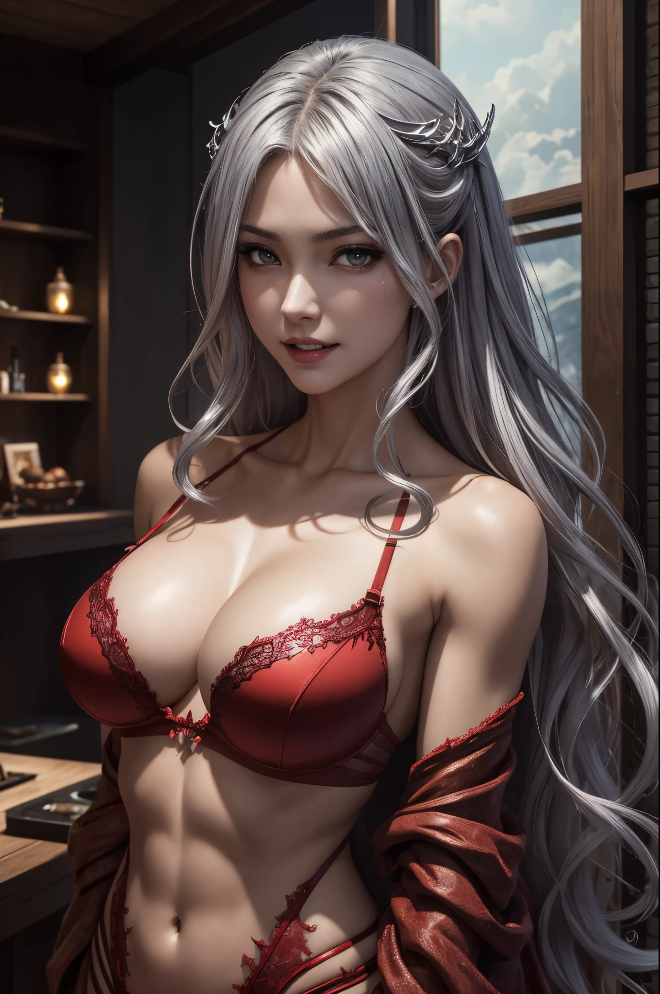 8K、Violent and strongly cracked abdominal muscles,super realistic skin,Red sexy lingerie,A bewitching succubus wearing luxurious red lingerie.、Arafed woman taking sexy photos、Beautiful wavy silver hair、big and full breasts、red and silver色のランジェリー(red and silver)2。5d cgi anime fantasy artwork、Fan Art Mayeur Art Station、detailed digital anime art、detailed fantasy art、8K fantasy art、digital fantasy art)、wallop loss draw、art station seiue bread、epic fantasy art style、beautiful succubus、attractive、Beautiful fangs、looking at the viewer、captivating gaze、laughter、Violent and strongly cracked abdominal muscles,Macho with muscular slender body,Close-up,perspective from above,