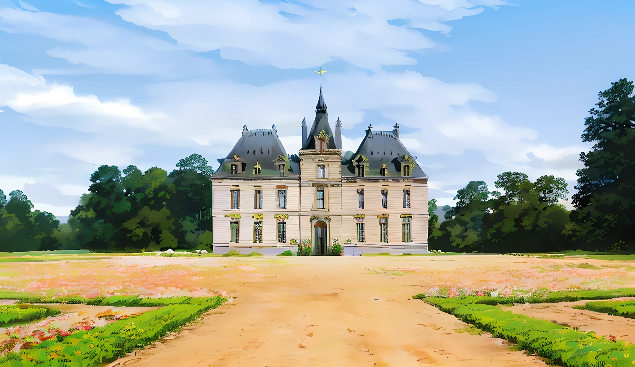 arafed view of a large castle with a garden in front of it, château de cheverny, chateau de cheverny,((Châteu de moulinsart)),luxury castle, french architecture, ornate french architecture, located in a castle, ornate retreat, beautiful castle, wonderful masterpiece, by Etienne Delessert, stunning image, 1 8 th century manor, northern france, stately, HD,masterpiece, Cloudy sky with warm sunlight, (nature, plant, flower, water, sunlight, glowing white light:1.25),