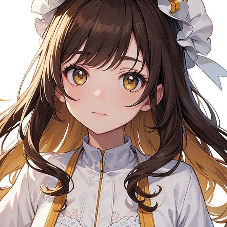 girl, master piece, best quality, deep contrast, ultra-detailed, white background, close-up head, light yellow dress coat, brown medium waves, looking at viewer