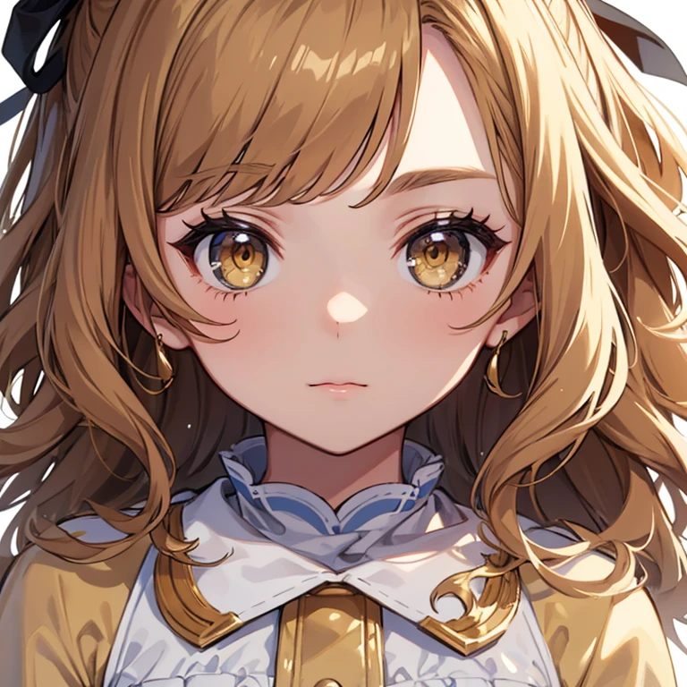 girl, master piece, best quality, deep contrast, ultra-detailed, white background, close-up head, light yellow dress coat, brown medium waves, looking at viewer