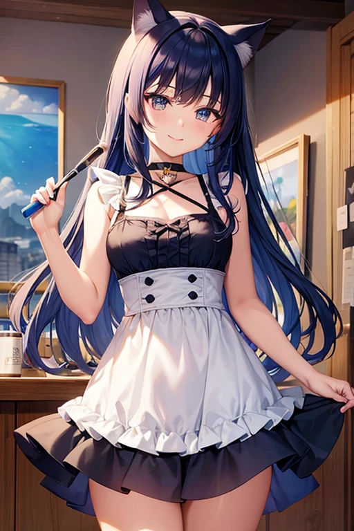 Cat girl, deep blue hair, hime cut, prism eyes smile, painting, holding a brush, adult, cowboy shot, urban style,, toobtop