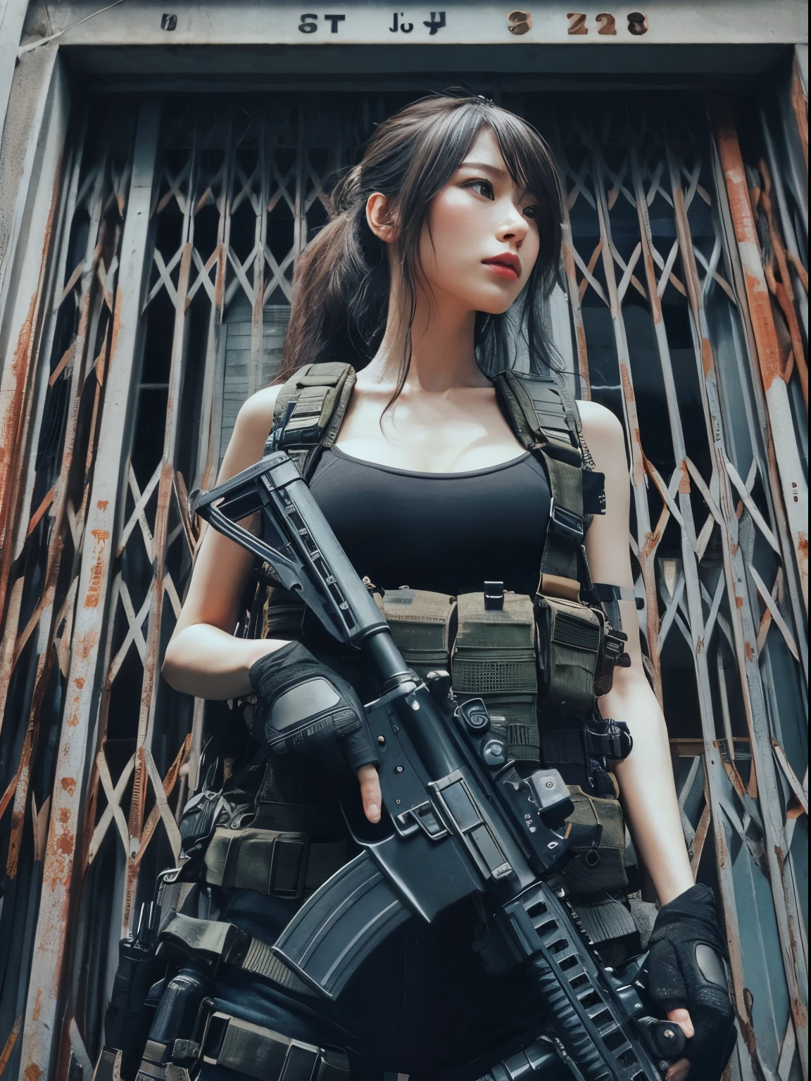 photorealistic、realistic skin texture、automatic rifle