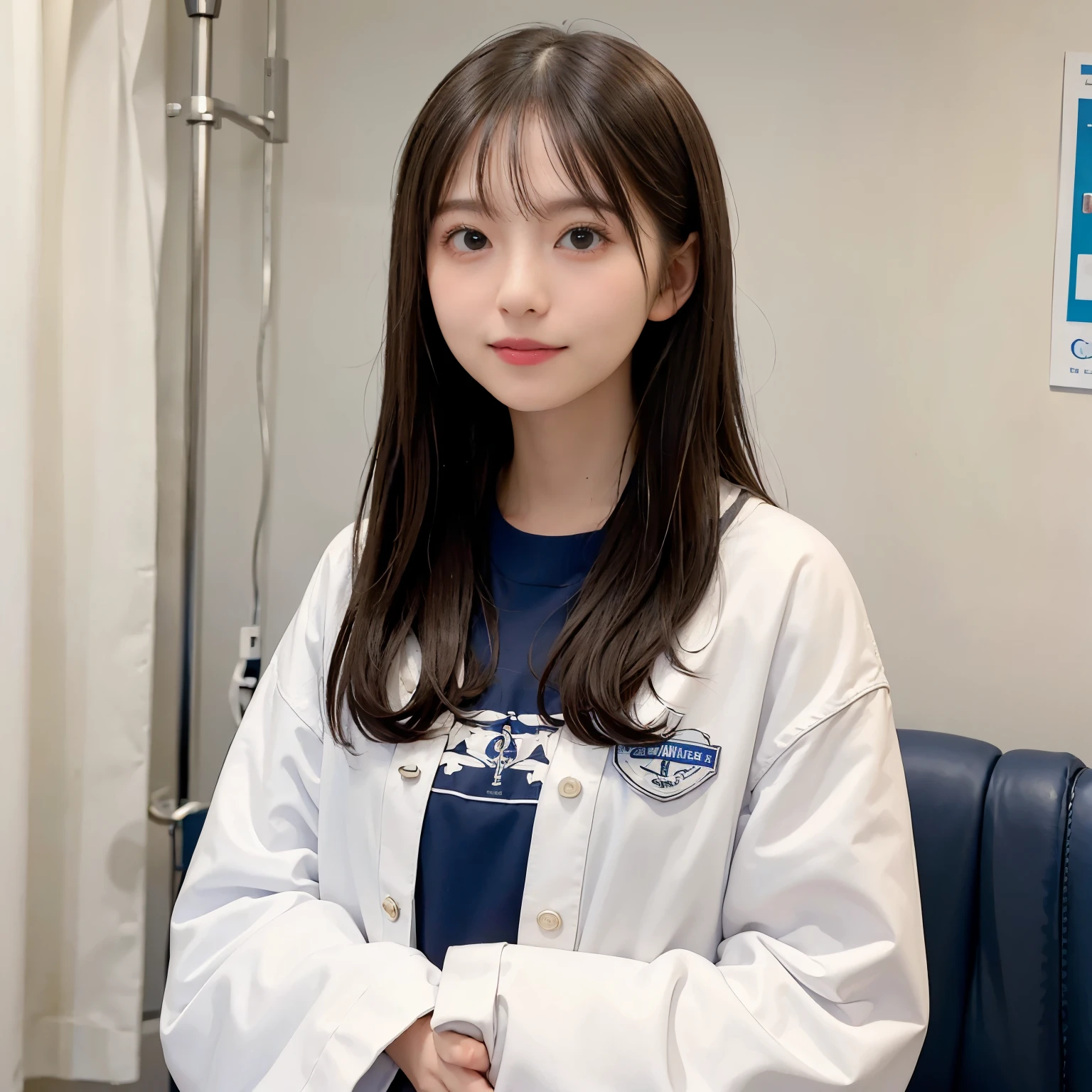 ((highest quality, 8K, masterpiece: 1.3)), woman, perfect skin, straight hair, latin aspects, female doctor, Examination at the hospital, delicate face, Hospital environment, Hospital Teacher,smile,I'm wearing a white coat
