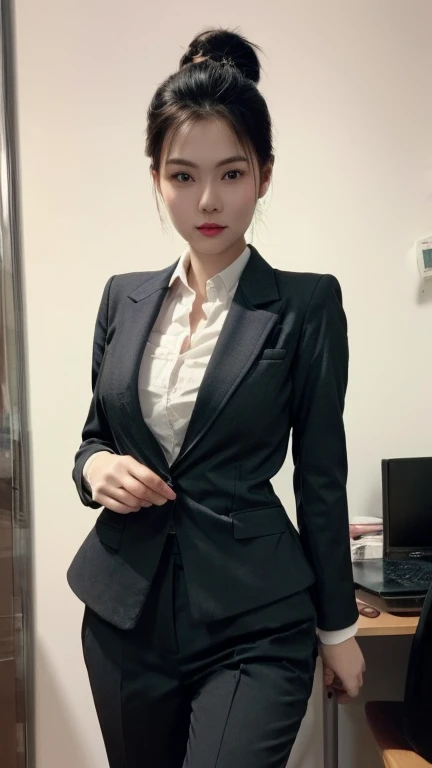 (Best quality, 8k, 32k, Masterpiece, UHD:1.2), 1girl, narrow waist, white suit, black shirt, suit, pants, from front, sitting on desk, office room, (stick out one's buttocks:1.2),