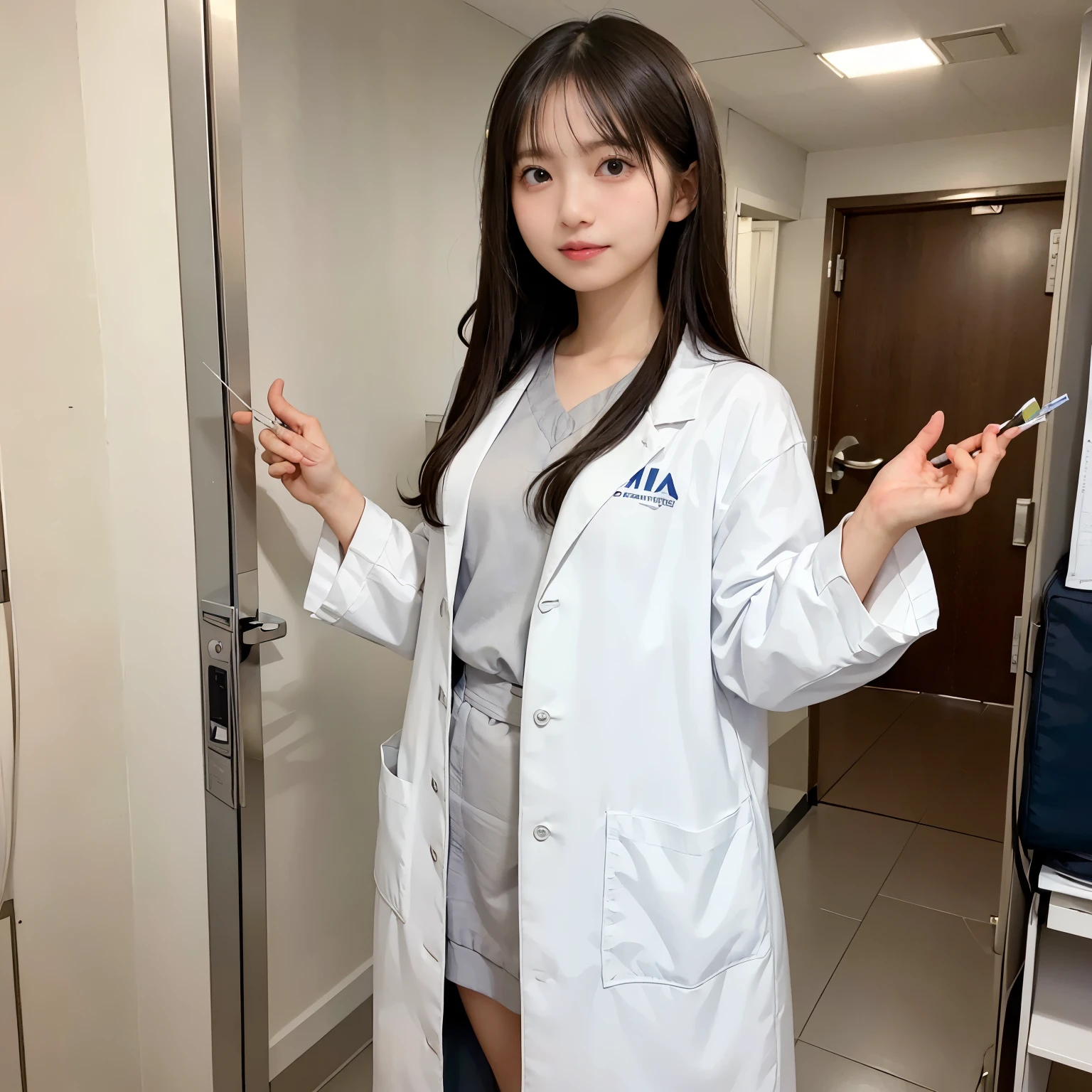 ((highest quality, 8K, masterpiece: 1.3)), woman, perfect skin, straight hair, latin aspects, female doctor, Examination at the hospital, delicate face, Hospital environment, Hospital Teacher,smile,I'm wearing a white coat