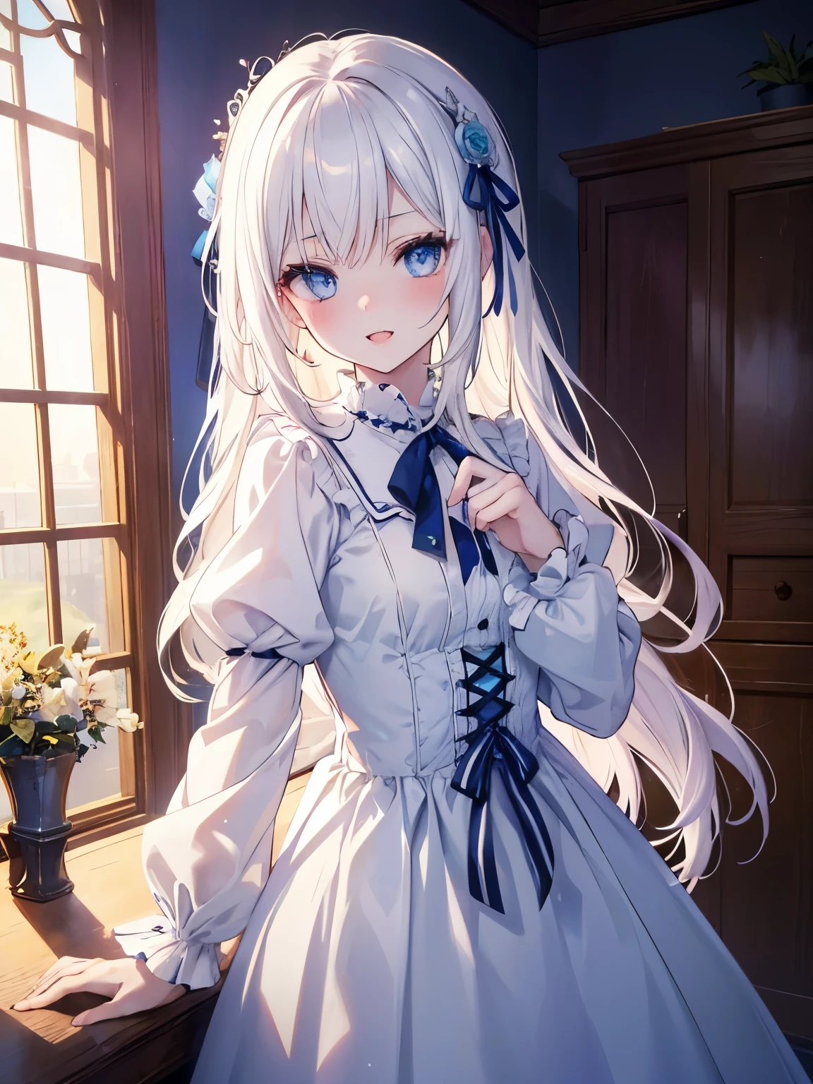 masutepiece, Highest Quality, (Perfect face:1.1), (high detailing:1.1), (ultradetailed eyes), Dramatic, superfine illustration, Extremely detailed, 1girl in,ager, (pale skin), long white hair, Ethereal eyes, Blue eyes,blush,Solo,Smile, Happy, Laugh, Enjoy, Open mouth, Pouty lips,Cinematic lighting, Looking at Viewer,Cowboy Shot,Long sleeve,Blue Princess dress,indoor,sunny,morning