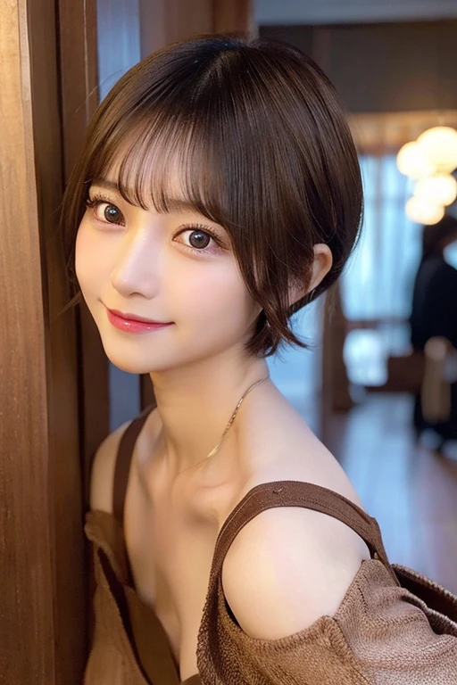 Echiechi, Constricted body, Rumor, adult woman, 30 generations, beautiful detailed eyes, short bob hair, best quality, masterpiece, Layer Bob Hair, Moist eyes, Pixie Cut, Awesome pose, long eyes, brown eyes, brown eyes, smile, smiling, real, glossy lips, Chubby lips, Japanese, natural makeup, Kaede Fua, small ass, slender face, professional lighting, cowboy shot, 8 heads and bodies, Menes, camisole, hotel