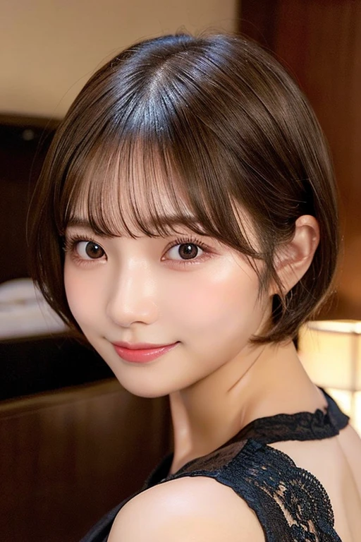Echiechi, Constricted body, Rumor, adult woman, 30 generations, beautiful detailed eyes, short bob hair, best quality, masterpiece, Layer Bob Hair, Moist eyes, Pixie Cut, Awesome pose, long eyes, brown eyes, brown eyes, smile, smiling, real, glossy lips, Chubby lips, Japanese, natural makeup, Kaede Fua, small ass, slender face, professional lighting, cowboy shot,  8 heads and bodies,  Menes, camisole, hotel