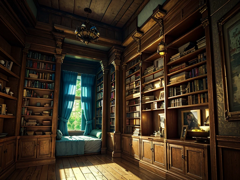 (((masterpiece、Highest image quality、highest quality、highly detailed unity 8kwallpaper)))、(((fantasy、grand library)))、(Lined bookshelves、complex and three-dimensional room)、high ceilings、dimly lit room