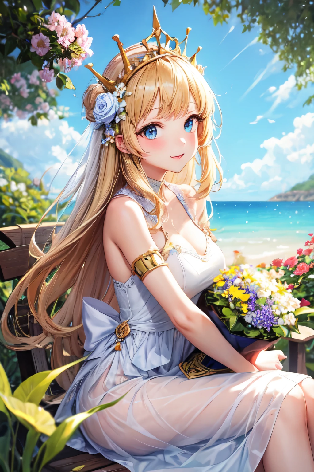 (obra maestra) (La mejor calidad) A beautiful young woman in a light-colored summer dress with small embroidered details holds a bouquet of wildflowers. She is smiling very sweetly, tiene hermosos ojos verdes, tiene su cabello rubio tirado hacia un lado. It's on the porch of your cabin. (pechos grandes) ((only one Women))