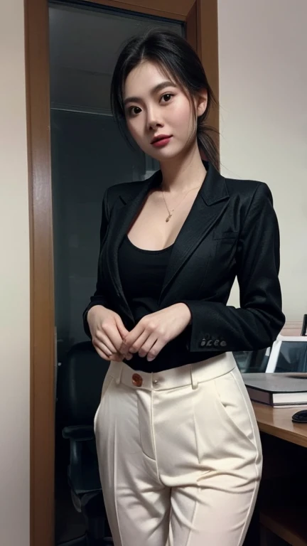 (Best quality, 8k, 32k, Masterpiece, UHD:1.2), 1girl, narrow waist, white suit, black shirt, suit, pants, from front, sitting on desk, office room, (stick out one's buttocks:1.2),