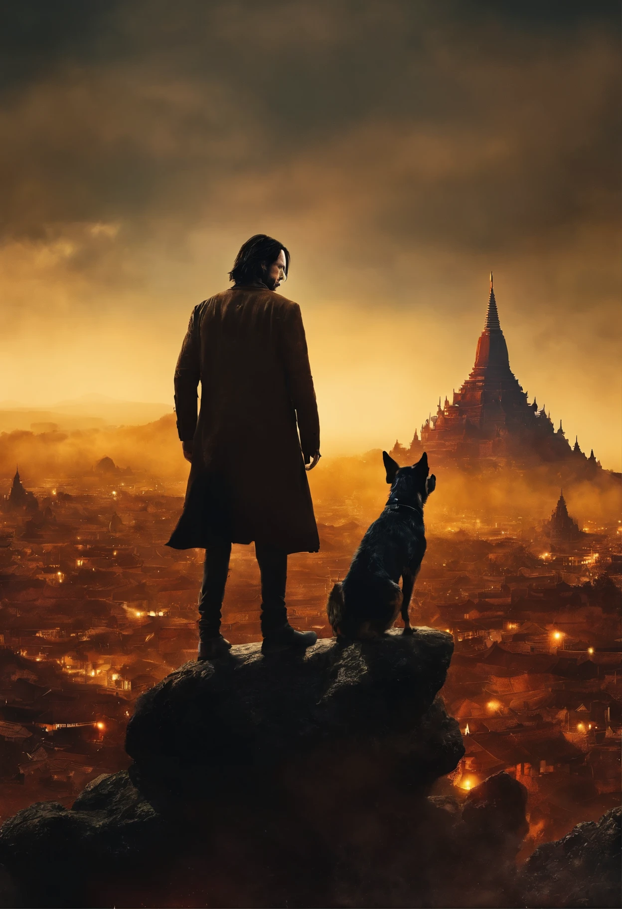 ((best quality)), ((masterpiece)), (detailed), Craft a visually striking digital masterpiece that vividly conveys Keanu Reeves in a moment of intense revenge. Depict him holding a gun with unwavering determination, his face radiating a powerful and focused rage. Set the scene against the mystical backdrop of Bagan, Myanmar, with its ancient temples and pagodas providing an evocative atmosphere. Include a loyal dog by his side, symbolizing both companionship and the unwavering loyalty in his quest for vengeance. Ensure meticulous attention to detail, capturing the essence of both the historical landscape and the emotional intensity in Keanu's expression.