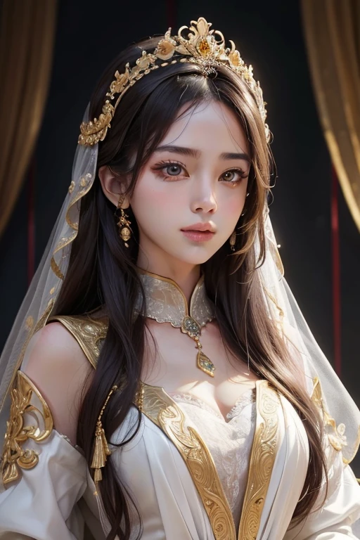 tmasterpiece，Best quality at best，（8k very detailed CG unit wallpaper）（Best quality at best），（Best Best Illustration），（The best shadow） Gorgeous and intricate gold-trimmed wedding dress, intricate headpiece, ssmile, White skin of the, pretty  face, Harmonious facial features, figure and noble face, In line with the popular aesthetic of face slimming