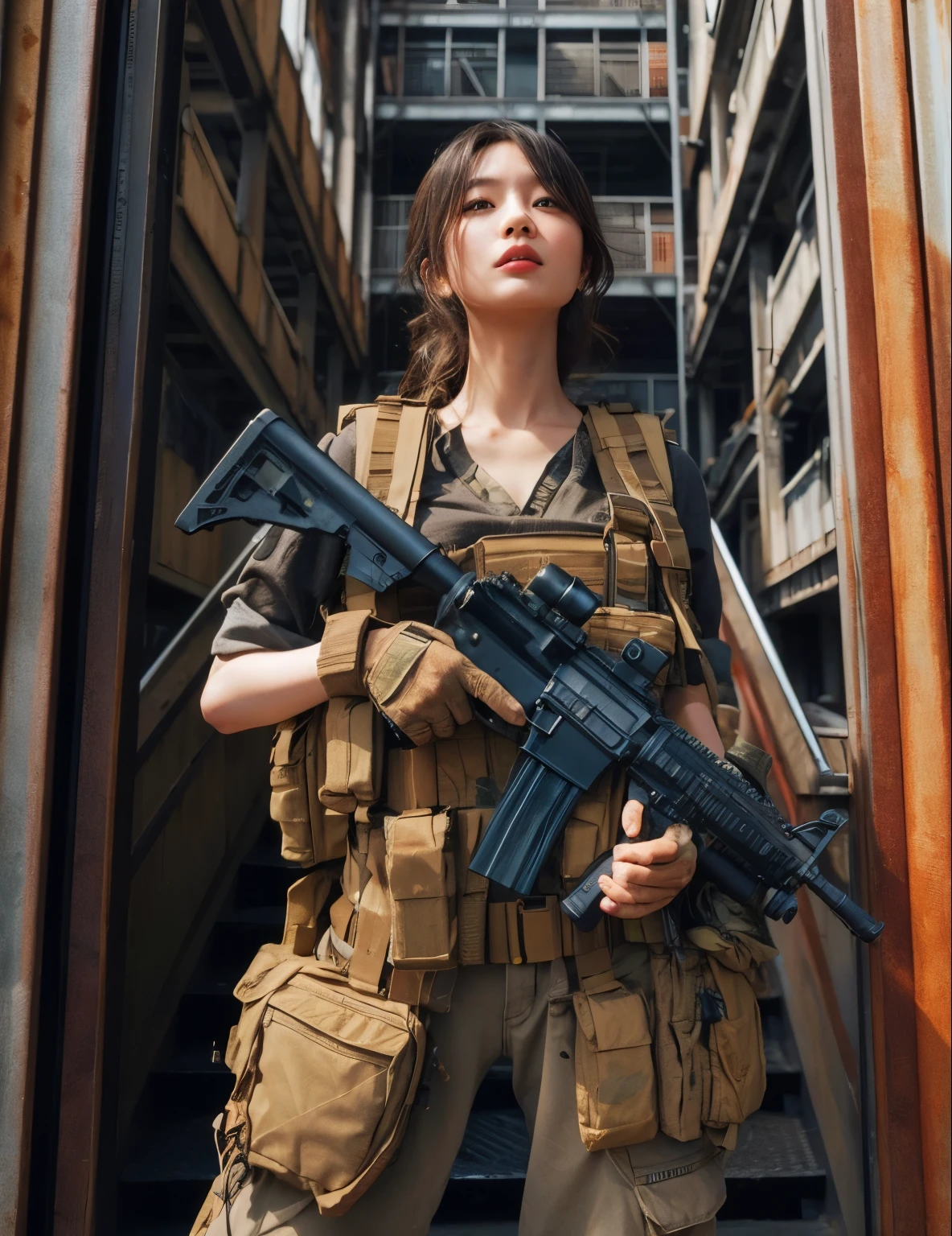 photorealistic、realistic skin texture、automatic rifle