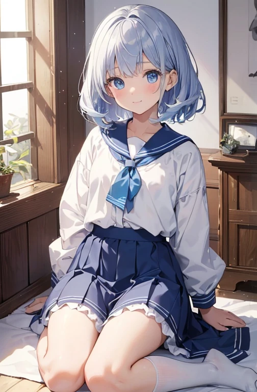 ((highest quality))、((8K))、((High resolution))、((masterpiece、Super detailed))、一人little girl、(height 140cmlittle girl)、((Looking at the camera from the front))、((photo from the knees up))、((standing))、beautiful and delicate blue eyes、beautiful smooth silver hair、Fluffy short hair、gentle and adorable big eyes、smile、((Perfect and beautiful fingertips))、 wearing a light blue sailor suit、flat chest、(white stockings)