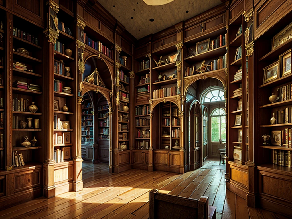 （（（masterpiece、Highest image quality、highest quality、highly detailed unity 8ｋwallpaper）））、（（（fantasy、grand library）））、（Lined bookshelves、complex and three-dimensional room）、high ceilings、dimly lit room