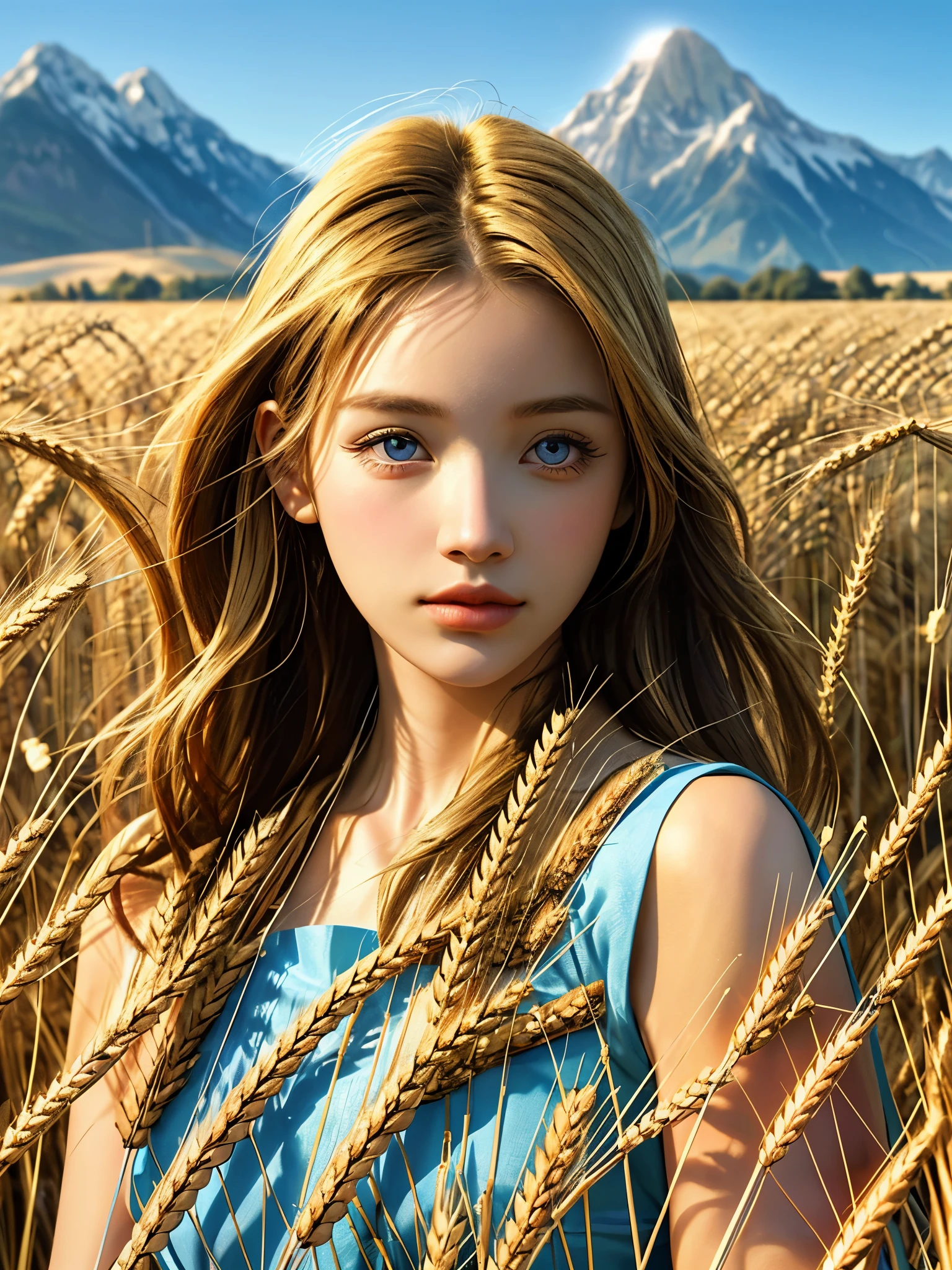 portrait of a beautiful Slavic girl with a long braided braid of wheat-colored hair, a girl of 25 years old, stands in full growth against the backdrop of a picturesque landscape with a field of ripe wheat and a blue sky, back light, outline, the girl is wearing a luxurious sundress with an ornament from a Slavic swastika, an oval face superb unearthly beauty, lapis lazuli-colored eyes, long and fluffy eyelashes, dark eyebrows, graceful and graceful physique, the girl's breasts are small, the girl's portrait was shot on a Hasellblad X2D 100C digital camera, XCD lens 100mm F / 0.9, photorealistic, realistic, hyper-detailed image 100 megapixels, shot in the style of William Mortensen, rich colors, tranding in 500px.
