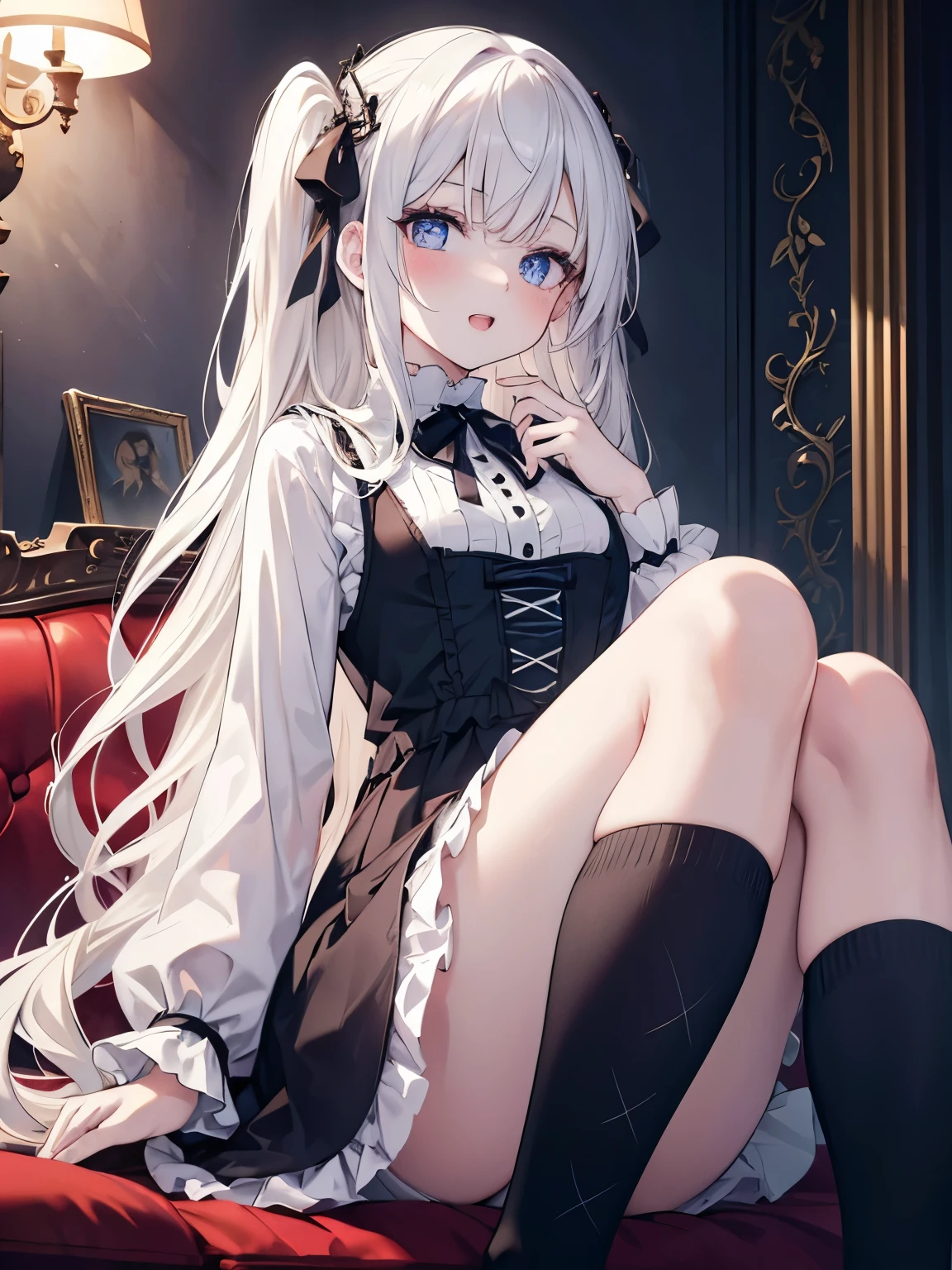 masutepiece, Highest Quality, (Perfect face:1.1), (high detailing:1.1), (ultradetailed eyes), Dramatic, superfine illustration, Extremely detailed, 1girl in, teenager,(pale skin), long white hair, Ethereal eyes, Blue eyes,blush,Solo,Smile, Happy, Laugh, Enjoy, Open mouth, Pouty lips,Cinematic lighting, upper body,looking up,learning forward,Long sleeve, Gothic lolita, frilld, bow ribbon,knee high socks,indoor,living room,night