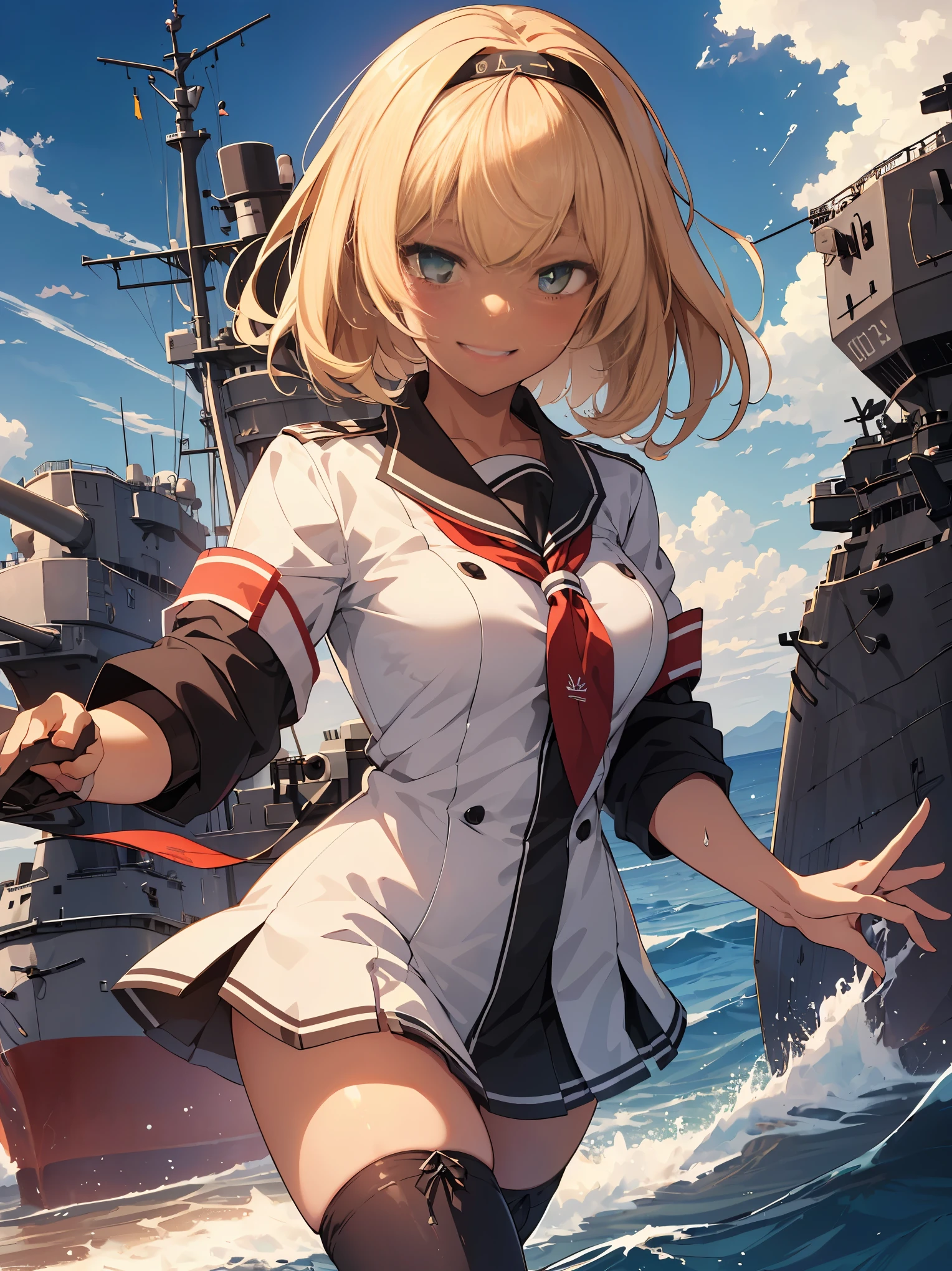 ((masterpiece,best quality)), (1girl, solo), blonde hair, blue eyes, bare legs, ((battleship, ship)), standing on ship, naval uniform, navy, kriegsmarine, day, cannon, hair ribbon, military uniform, long hair, looking at viewer, german army, outdoors, military jacket, standing, sea, thighs, microskirt, boots, no panties, facing viewer, <lora:wilhelmina V1.1:1>