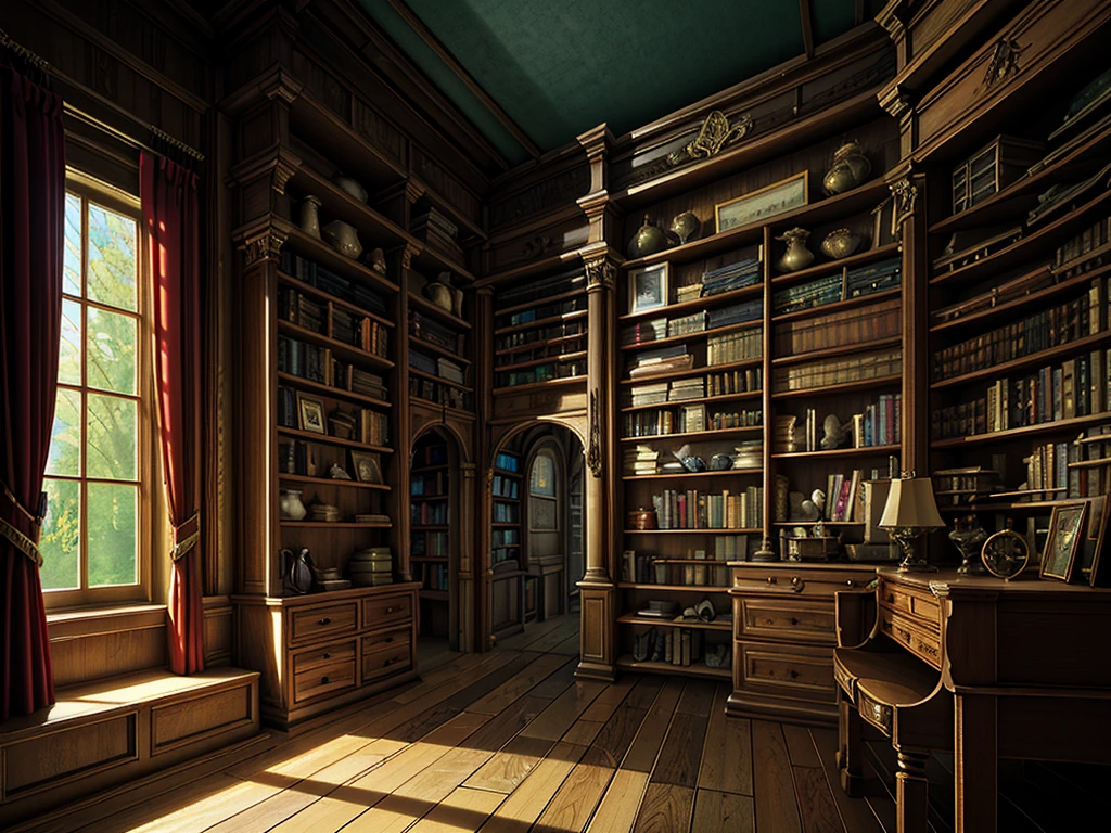 （（（masterpiece、Highest image quality、highest quality、highly detailed unity 8ｋwallpaper）））、（（（fantasy、grand library）））、（Lined bookshelves、complex and three-dimensional room）、high ceilings、dimly lit room