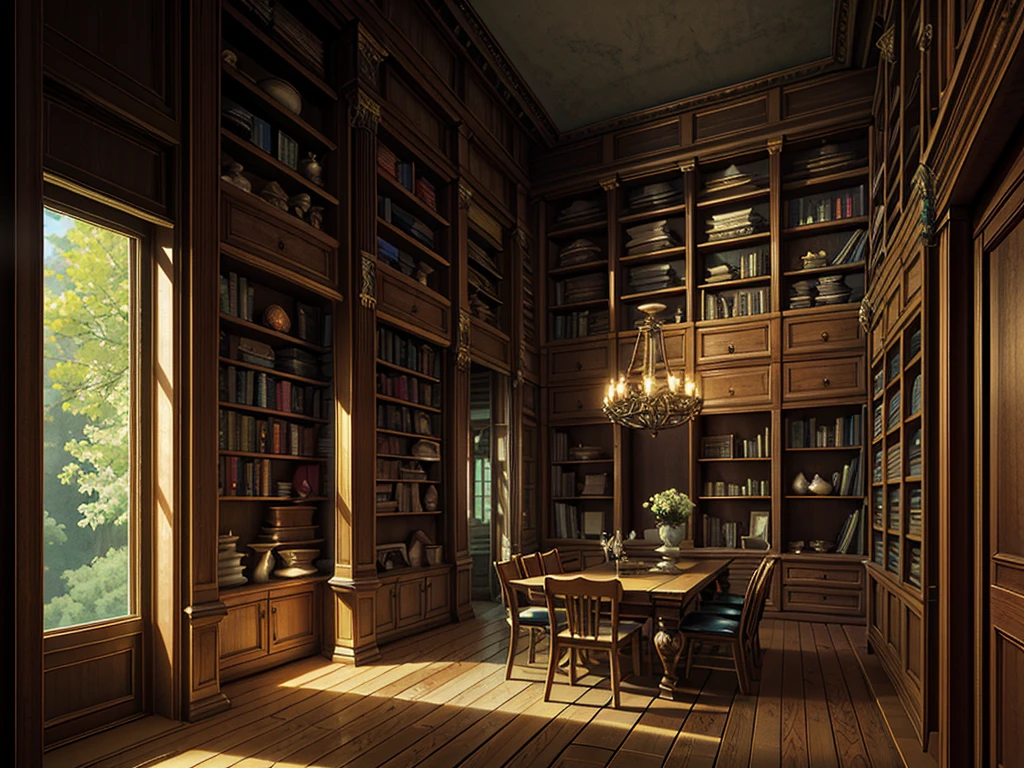 (((masterpiece、Highest image quality、highest quality、highly detailed unity 8kwallpaper)))、(((fantasy、grand library)))、(Lined bookshelves、complex and three-dimensional room)、high ceilings、dimly lit room