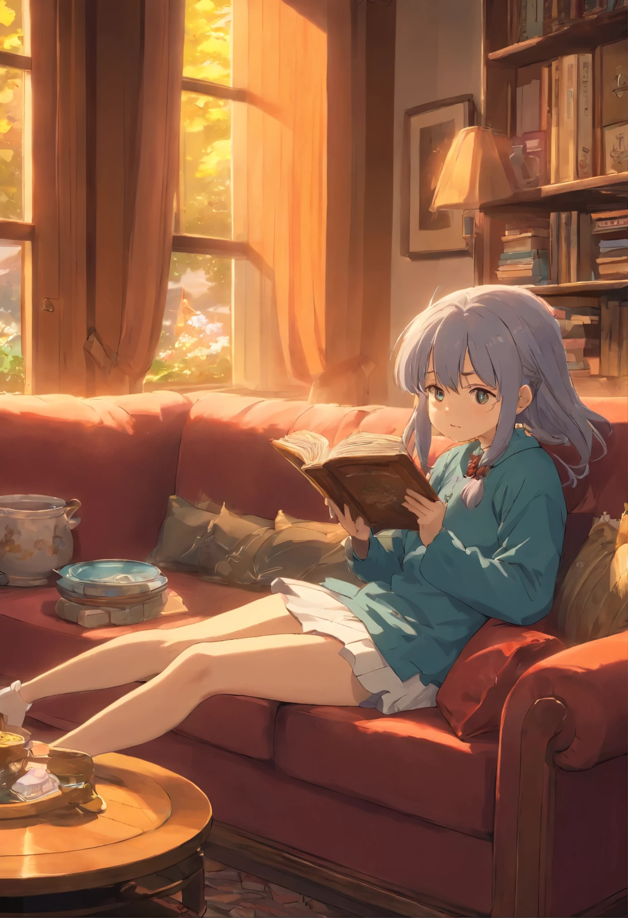 (Extreme Detail CG Unity 8K Wallpapers, masterpiece, best quality), (Exquisite light and shadow, Dramatic graphics, Lens effects), Sitting on the sofa, dynamic poses), (Excellent details, Excellent lighting, wide angle), (Excellent rendering, enough to stand out in its class),  perfect composition
