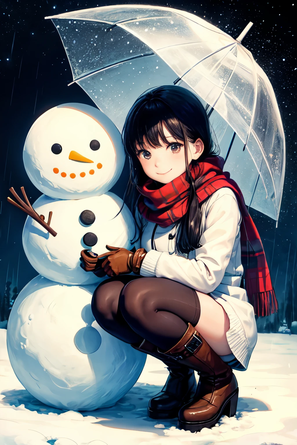 a girl standing next to a snowman holding an umbrella as it is raining, 1girl, snowman, solo, smile, black hair, scarf, squatting, long hair, boots, sky, gloves, outdoors, looking at viewer, brown footwear, night, closed mouth, snow, long sleeves, bangs, night sky