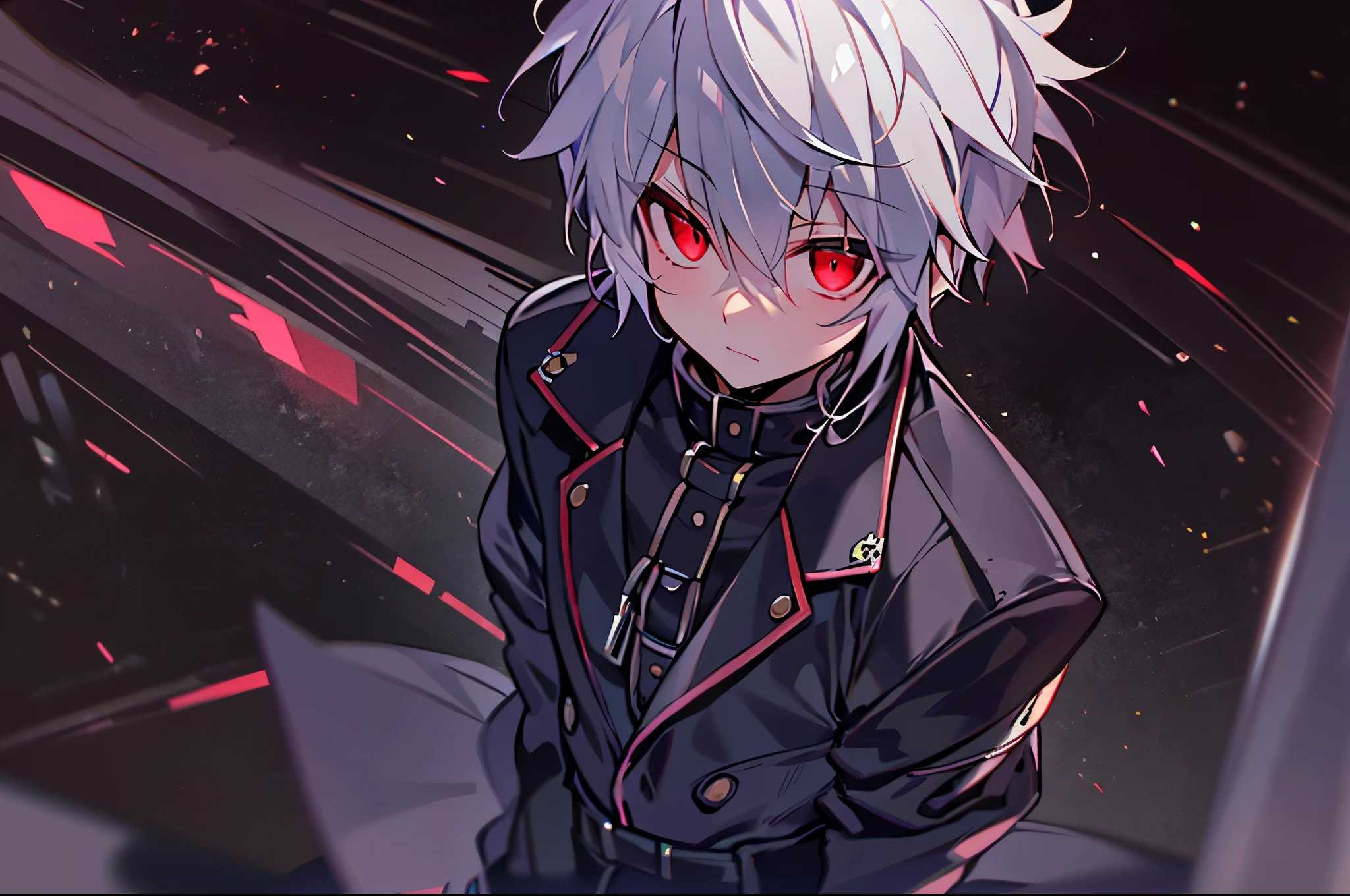 hight resolution,Anime boy with white hair and red eyes staring at camera, red eyes,slim, dressed in a black outfit,Shadow Body,Brown skin,monochromes,hair messy,Diagonal angle