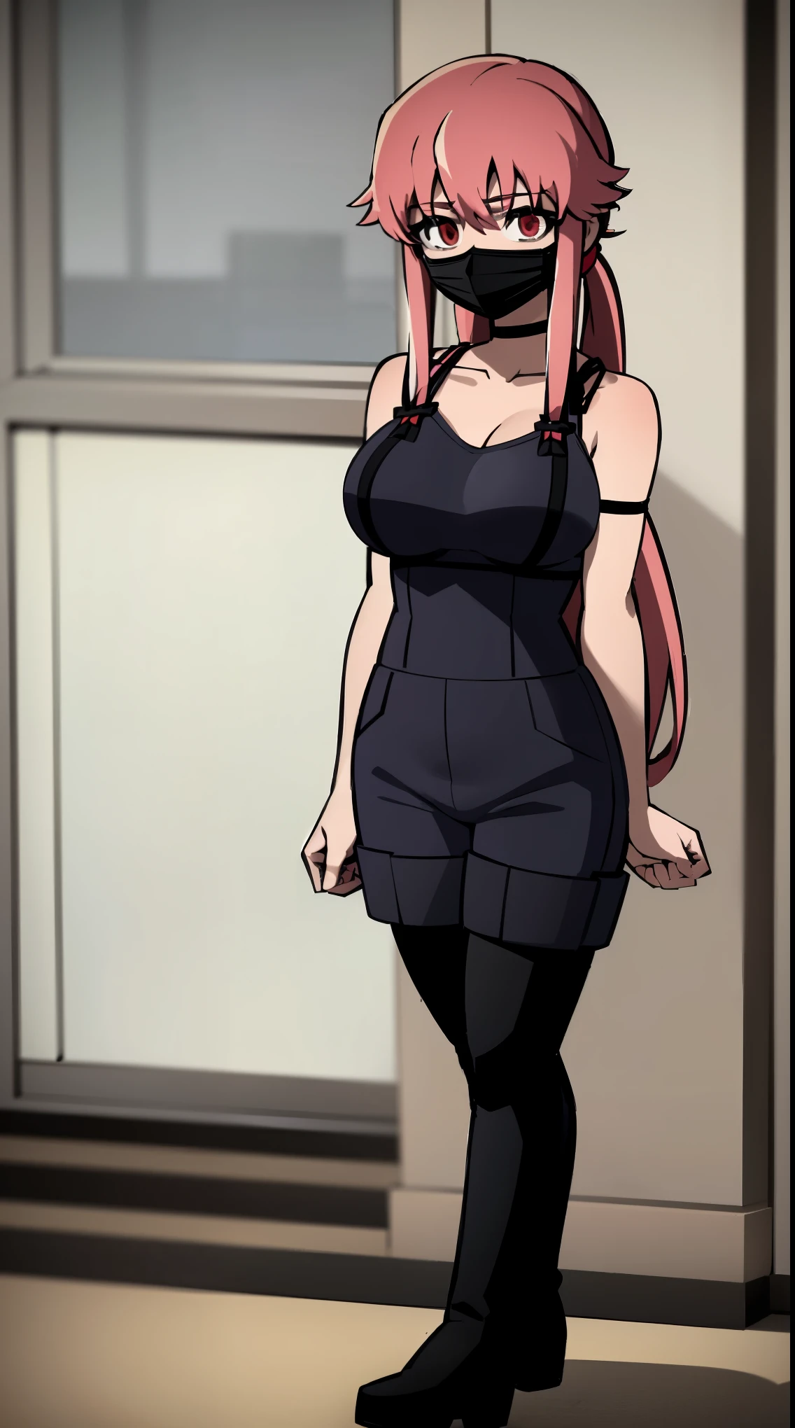 anime_still, masterpiece, best quality, 1girl, Gasai Yuno,(large breasts:1.5), red eyes, dark blue overalls, black lace high boots, black choker, crazy eyes, wearing a dark grey face mask, psycho, insane,