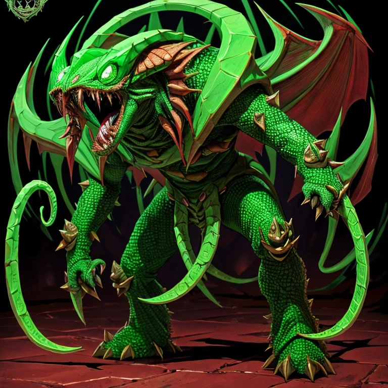 monster,octopuses,tentacle,scale,bat wings,Bulk,monster,Evil God,eyeball,spell book,cane,red eyes,green skin,Blood vessel,quadrupedal walking,born々New,wicked,core,many mouths,tooth,sharp nails, negative aura,spines,tail,armor