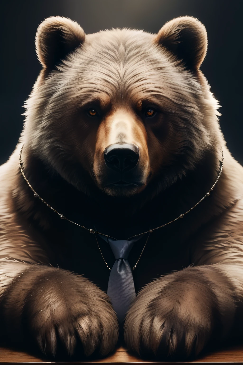 A captivating close-up portrait of a silver-furred bear in a professional setting, his piercing eyes reflecting wisdom and introspection, framed by the silver fur around his face. His paws rest on a polished wooden desk, clad in a crisp business shirt and necktie, exuding an air of confidence and resilience. The image is rendered in exquisite detail, with each strand of fur and pore on the bear's skin meticulously illustrated. The background is tastefully blurred, creating a sense of depth and focus on the bear. The overall effect is one of majesty and intrigue, as though the bear is a symbol of strength and success in