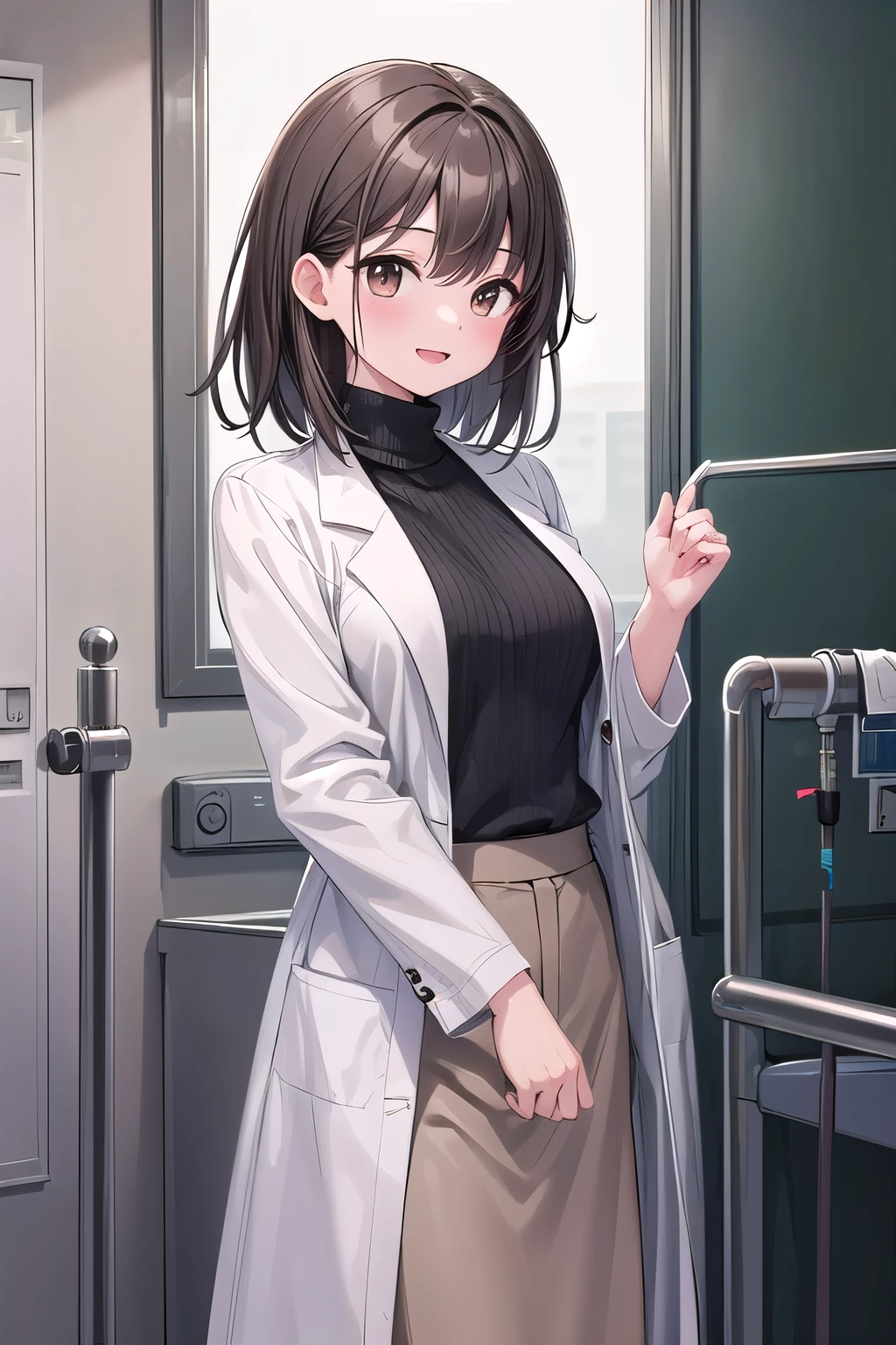 solo girl, 20 years old,medium hair, dark brown hair, brown eyes, medium breast, happy,lab coat, turtle neck sweater,maxi skirt , indoors, hospital, Best Quality, High resolution, Extremely detailed, Detailed background, Perfect Lighting