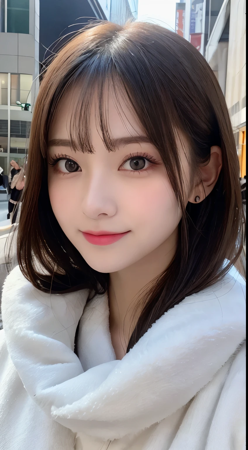 table top, highest quality, shape, Super detailed, finely, High resolution, 8k wallpaper, 完璧なダイナミックな構shape, beautiful and detailed eyes, Gorgeous and stylish black fluffy latest trend Tokyo winter clothes,ランダムなcute髪,small ,natural color lip, bold sexy posmile、20 year old girl、cute、sexy shot king at camera,Always blur the background,perfect and beautiful face,Take only the face,beautiful and detailed face、slim face and style,Big eyes、Do gal makeup,real photos、luxury brand mink coat