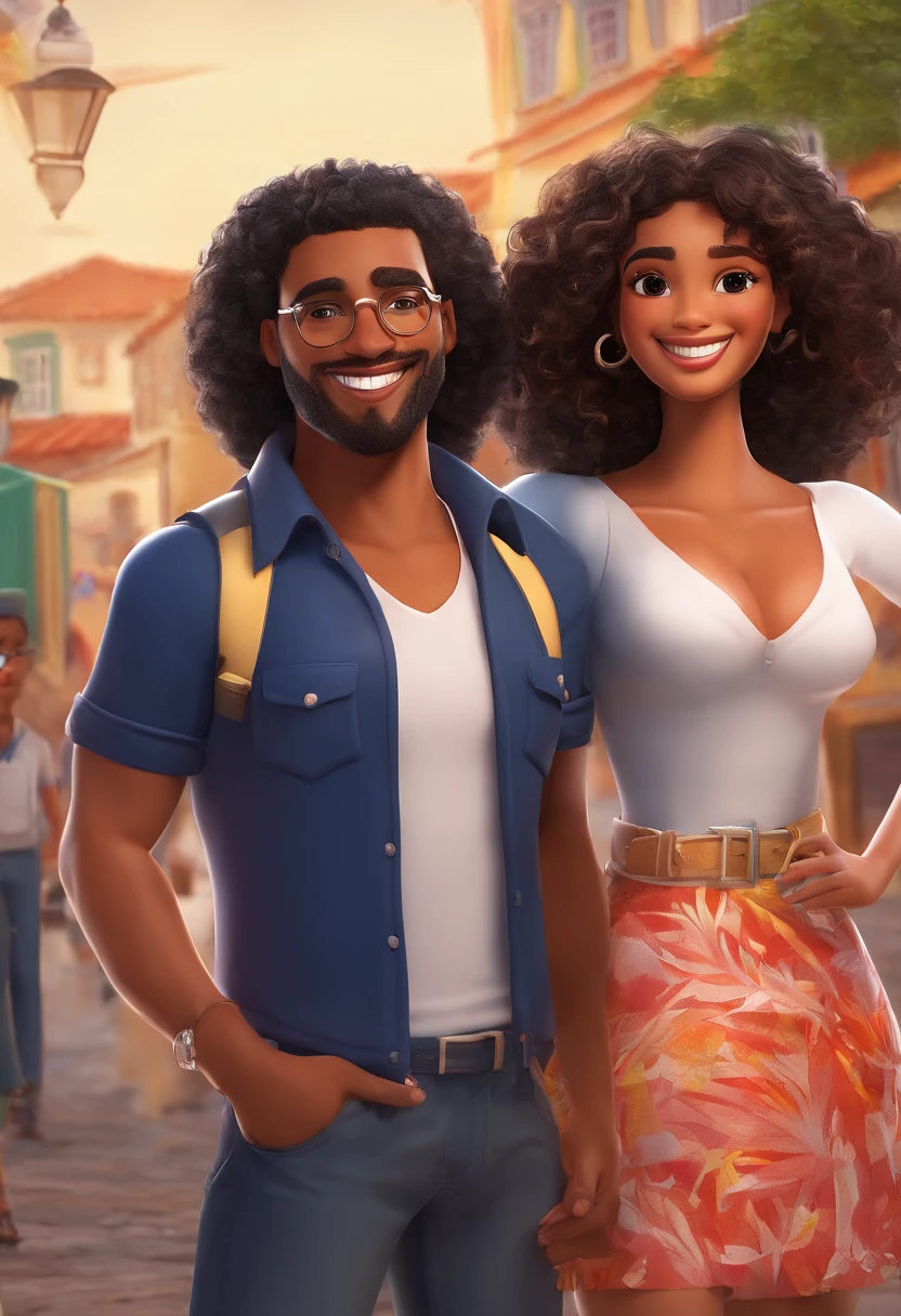 "An illustration of an adorable couple, apresentando um alegre, rechonchudo, Mulatto man with glasses and a brown-skinned woman with beautiful expressive eyes. O homem tem pele mulata e cabelos cacheados, enquanto a mulher tem pele negra e cabelos castanhos lisos. They are wearing the characteristic navy blue uniforms of the Municipal Guard of Feira de Santana, bahia. Atingem um exuberante, austero, e poses imponentes, com um carro patrulha azul marinho e Lagoa Grande, as well as buildings in the background. Illustrate this scene from a perspective where they are facing the camera, sorridente, and showing your connection. Create this artwork in Full HD, Focus on a cinematic touch, no estilo da Disney Pixar Animations. A legenda inferior diz Disney / Pixar, Guarda Municipal de Feira de Santana."