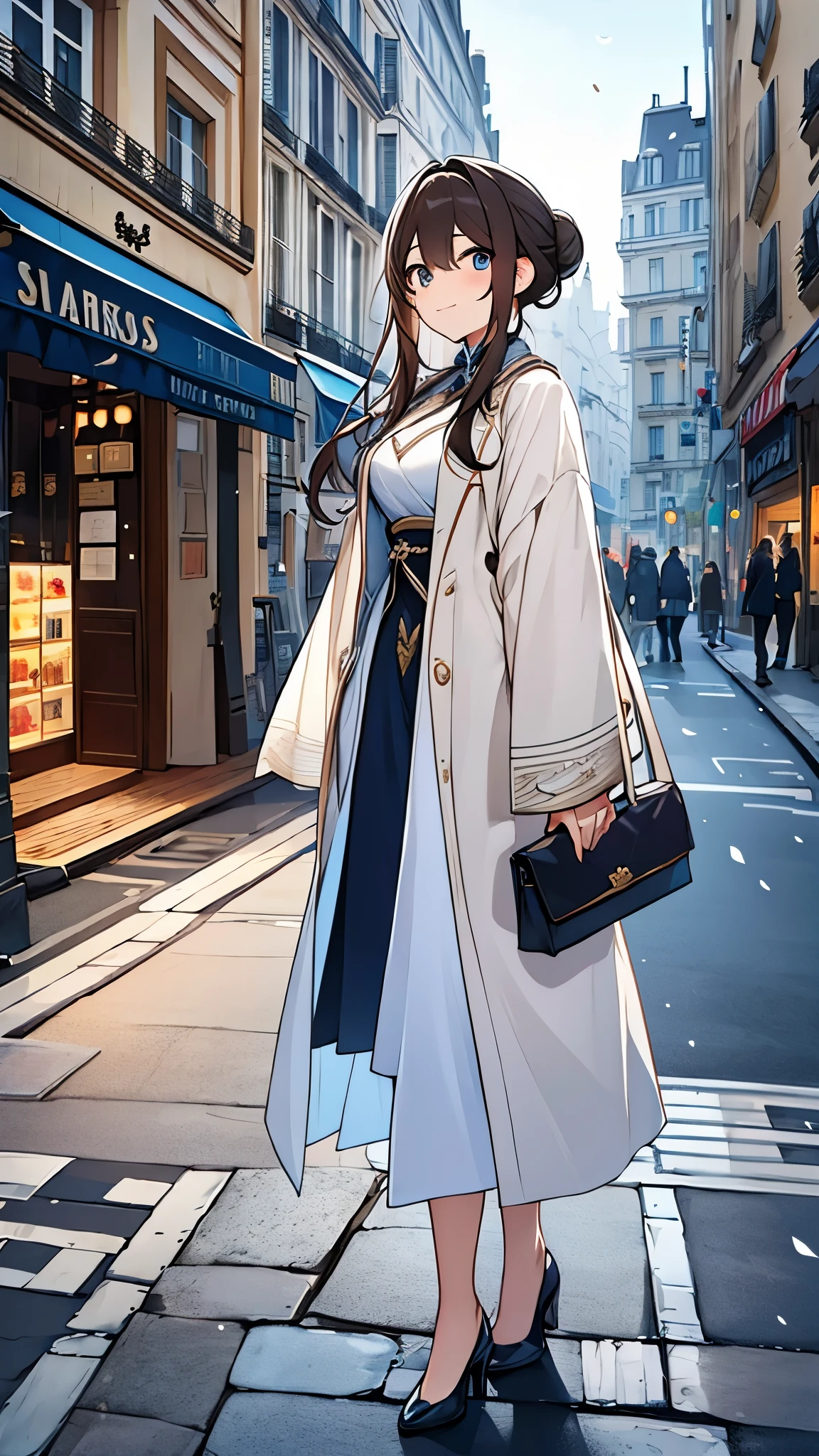 Masterpiece, high quality, 4k, best quality, Paris France city background, winter there is snow falling from the sky , Ruan Mei had light brown hair, casually tied into a bun with a few safety pins and ribbons. Her clothes are dominated by blue and white, her dress is made in the traditional Luofu Xianzhou style, Wearing a white jacket , Standing on the edge of a Paris street and to the right there is a river 