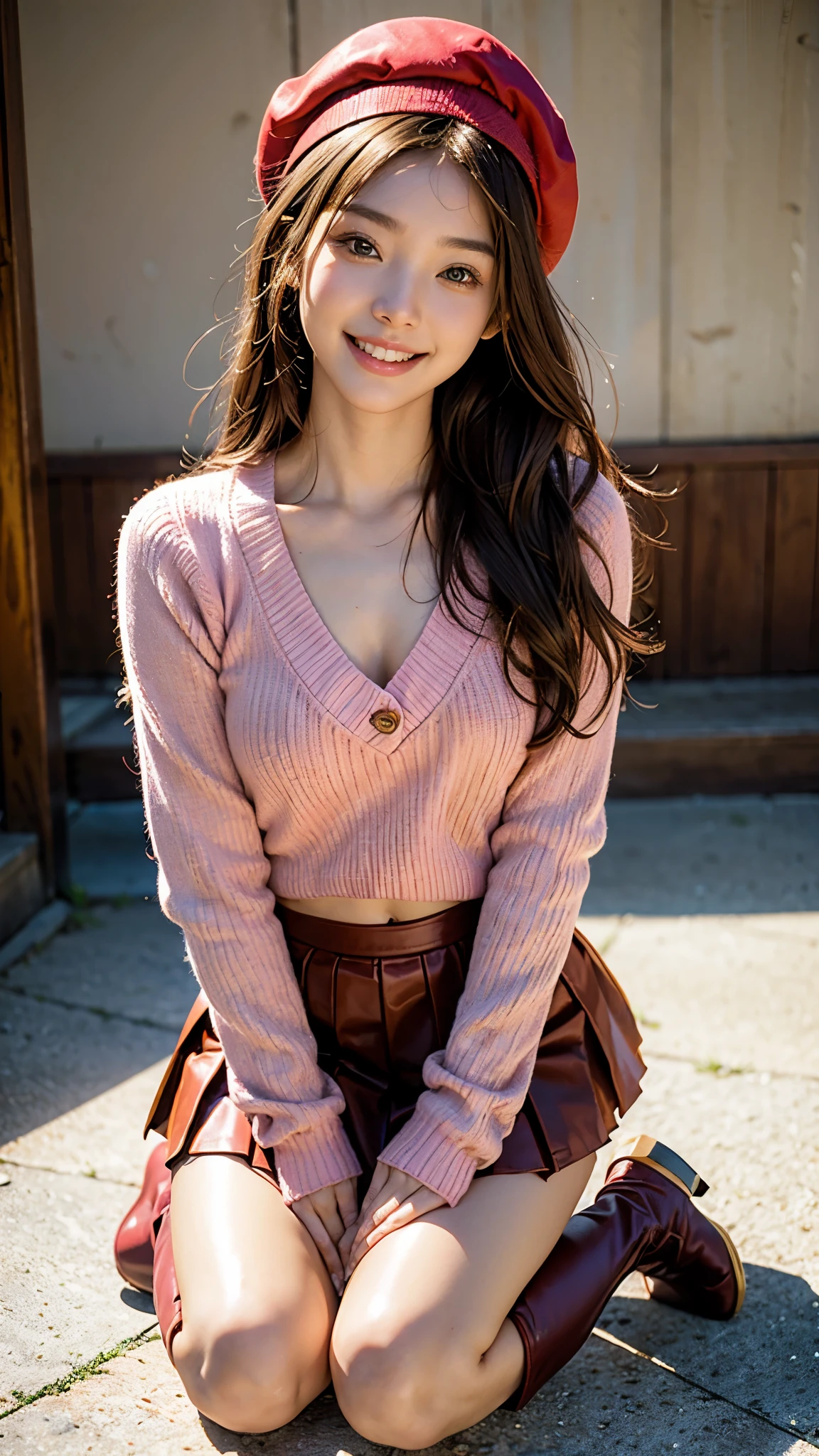 highest quality, masterpiece, ultra high resolution, (realistic:1.4), (close portrait) Raw photo, 1 girl, 22 years old,((kneeling down and looking at the viewer)),((top down view))((upward glance)), (((A-line check red leather pleated skirt))),(((pink sweater))),(((beret))), ((platform boots)),masterpiece, realistic pictures, japanese pictures, fuji negative film, saturation, contrast, Pocari Sweat Advertisement ((small breasts)),((smiling showing teeth)),long hair,brown hair,