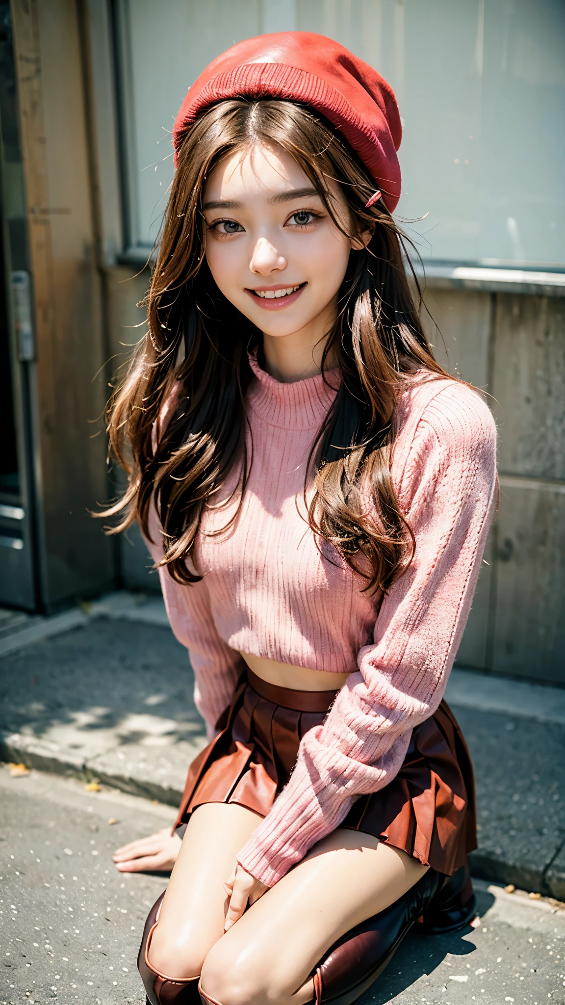 highest quality, masterpiece, ultra high resolution, (realistic:1.4), (close portrait) RAW photo, 1 girl, 22 years ago,((kneeling down and looking at the viewer)),((top down view))((upper grade)), (((A-line checked red leather pleated skirt))),(((pink sweater))),(((beret))), ((platform boots)),masterpiece, realistic pictures, japanese pictures, fuji negative film, saturation, contrast, Pocari Sweat Advertisement ((small breasts)),((smile showing teeth)),long hair,brown hair,