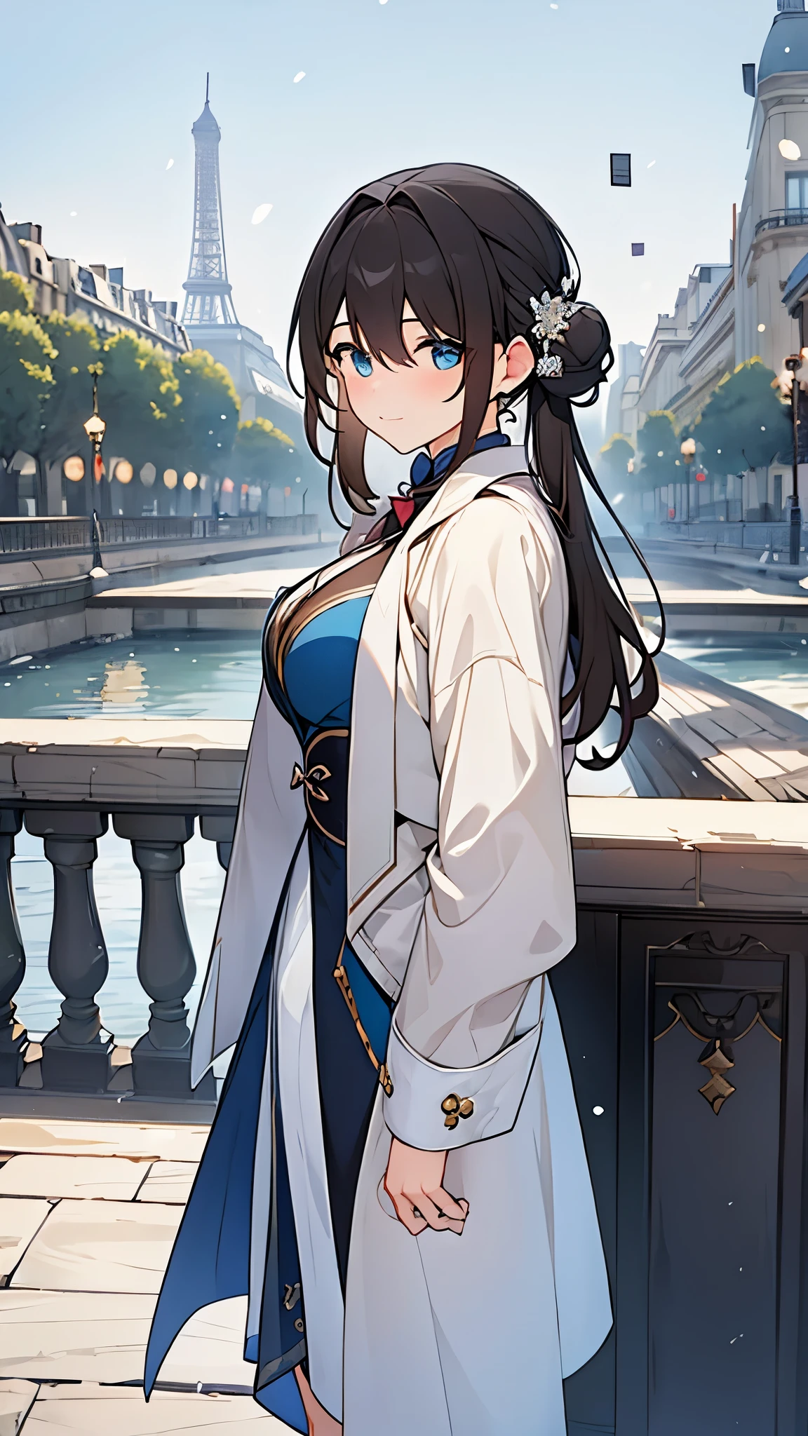 Masterpiece, high quality, 4k, best quality, Paris France city background, winter there is snow falling from the sky , Ruan Mei had light brown hair, Hair is tied casually into a bun with several hair accessories such as safety pins and ribbon, Her clothes are dominated by blue and white, her dress is made in the traditional Luofu Xianzhou style, Wearing a white jacket , Standing on the edge of a Paris street and to the right there is a river 