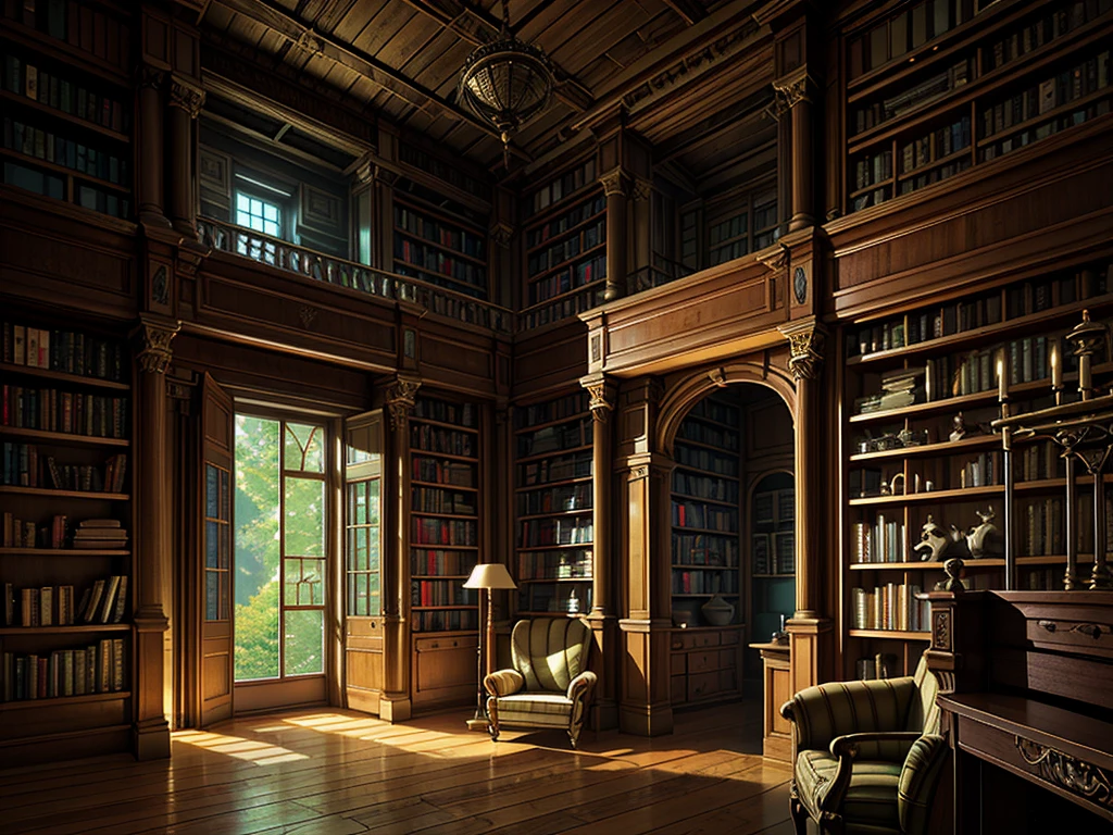 （（（masterpiece、Highest image quality、highest quality、highly detailed unity 8ｋwallpaper）））、（（（fantasy、grand library）））、（Large amount of books、Lined bookshelves、books stuck on the bookshelf、complex and three-dimensional room）、high ceilings、dimly lit room、no windows room