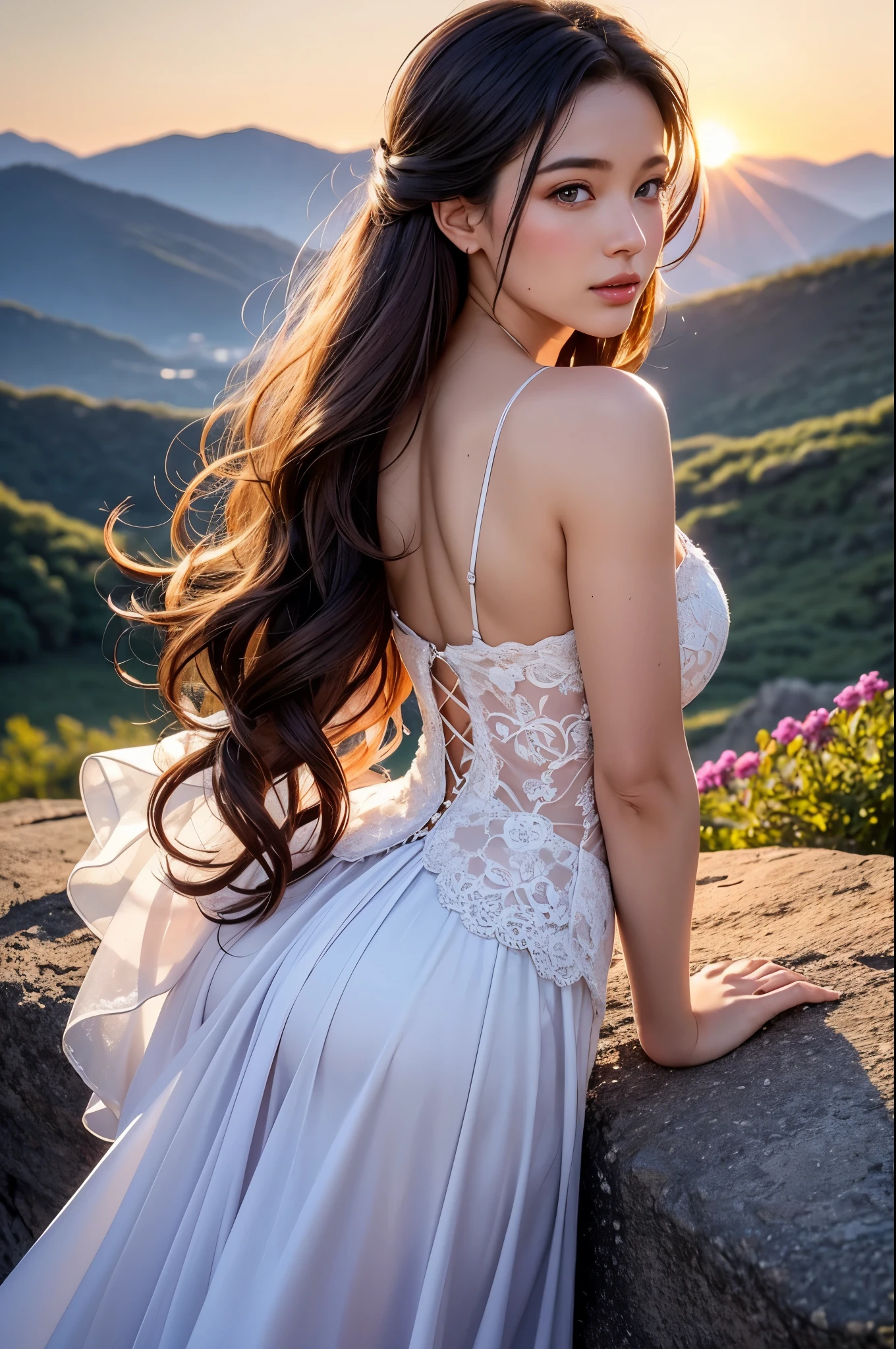 A beautiful woman stood atop a rocky outcropping, Her hair was swept up in loose curls that tumbled down her back, a subtle hint of makeup accentuated her high cheekbones, full lips, and flawless complexion. As she turned to face the camera, a soft smile played at the corners of her mouth, framing her delicate features and piercing blue eyes overlooking a breathtaking valley below. She wore a flowing wedding dress that billowed gently in the breeze ,the lace was delicately embroidered with tiny flowers and vines, while the hem was adorned with sparkling crystals that caught the light and glimmered like stars. In the foreground, a bed of wildflowers added a pop of color to the scene, with vibrant hues of pink, purple, and yellow. Bees buzzed lazily from blossom to blossom, collecting nectar in the golden light of the setting sun. The sun was setting behind the mountains, casting a warm orange glow across the vast landscape.