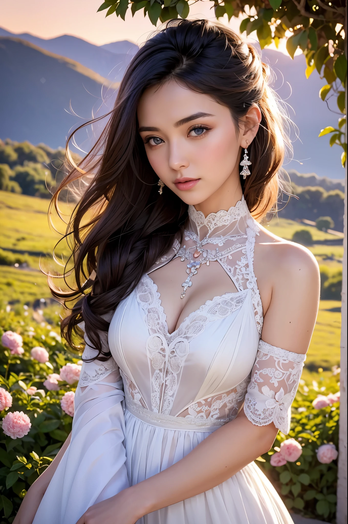 A beautiful woman stood atop a rocky outcropping,  Her hair was swept up in loose curls that tumbled down her back, a subtle hint of makeup accentuated her high cheekbones, full lips, and flawless complexion. As she turned to face the camera, a soft smile played at the corners of her mouth, framing her delicate features and piercing blue eyes overlooking a breathtaking valley below. She wore a flowing wedding dress that billowed gently in the breeze ,the lace was delicately embroidered with tiny flowers and vines, while the hem was adorned with sparkling crystals that caught the light and glimmered like stars. In the foreground, a bed of wildflowers added a pop of color to the scene, with vibrant hues of pink, purple, and yellow. Bees buzzed lazily from blossom to blossom, collecting nectar in the golden light of the setting sun. The sun was setting behind the mountains, casting a warm orange glow across the vast landscape.