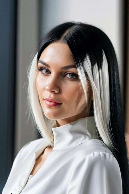 beautiful girl, 25 years old, chin-length hair, white hair in front, black hair in back, fashionably dressed, portrait, Realism, first-person view, close-up, UHD, ccurate, 4K, super detail