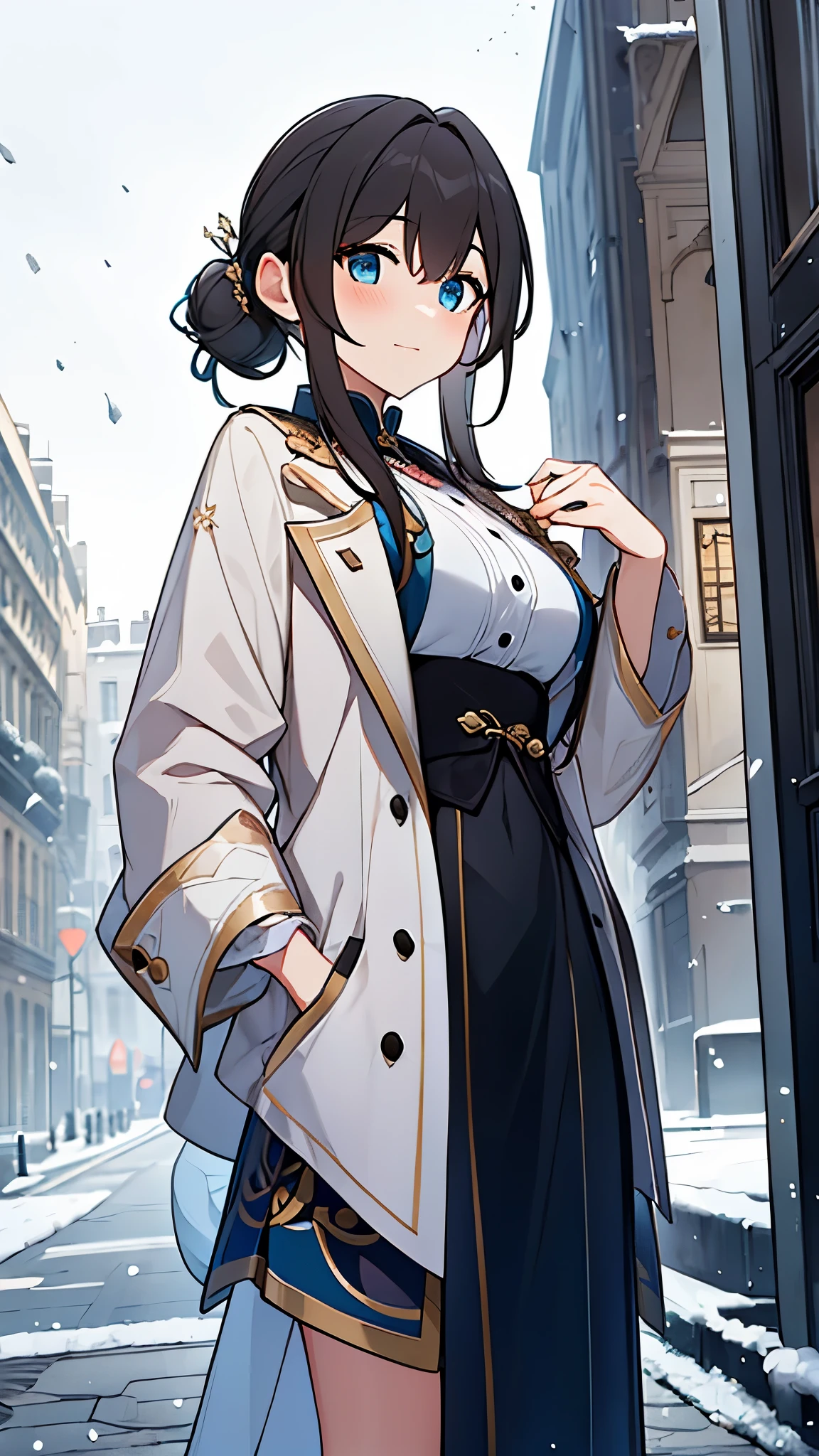 Masterpiece, high quality, 4k, best quality, Paris France city background, winter there is snow falling from the sky , Ruan Mei had light brown hair, Hair is tied casually into a bun with several hair accessories such as safety pins and ribbon, Her clothes are dominated by blue and white, her dress is made in the traditional Luofu Xianzhou style, Wearing a white jacket , Standing on the edge of a Paris street and to the right there is a river 