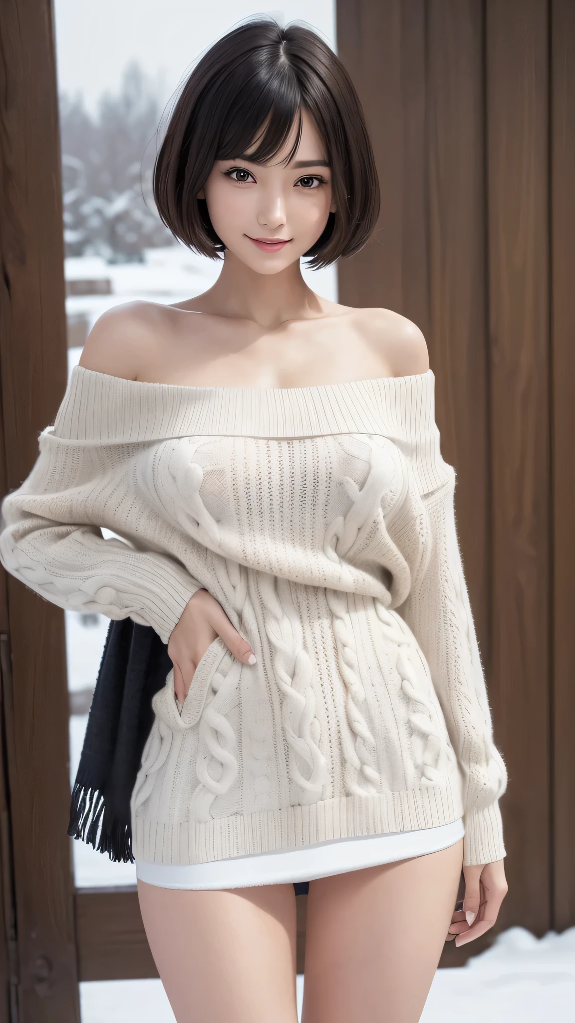 (a closeup:1.4), (RAW Photography:1.2), (Photorealsitic:1.4), (masterpiece:1.3), (top-quality:1.4), dream-like, (A detailed eye), (detailed facial features), (detailed clothes features), Clear skin, (shinny skin), (Slender and beautiful girl), (Beautiful leg lines), one girls, (FULL BODYSHOT), solo, cute little, Happy smiling face, (huge-breasted), beauty breast,bangss, Short Bob, A dark-haired,Black eye, Long Scarf, White wool sweater, off shoulders, a miniskirt, white panties,panties appearing, Snow boots, Panties are visible, obscenit,erotick, pantyshot, upskirt, back,