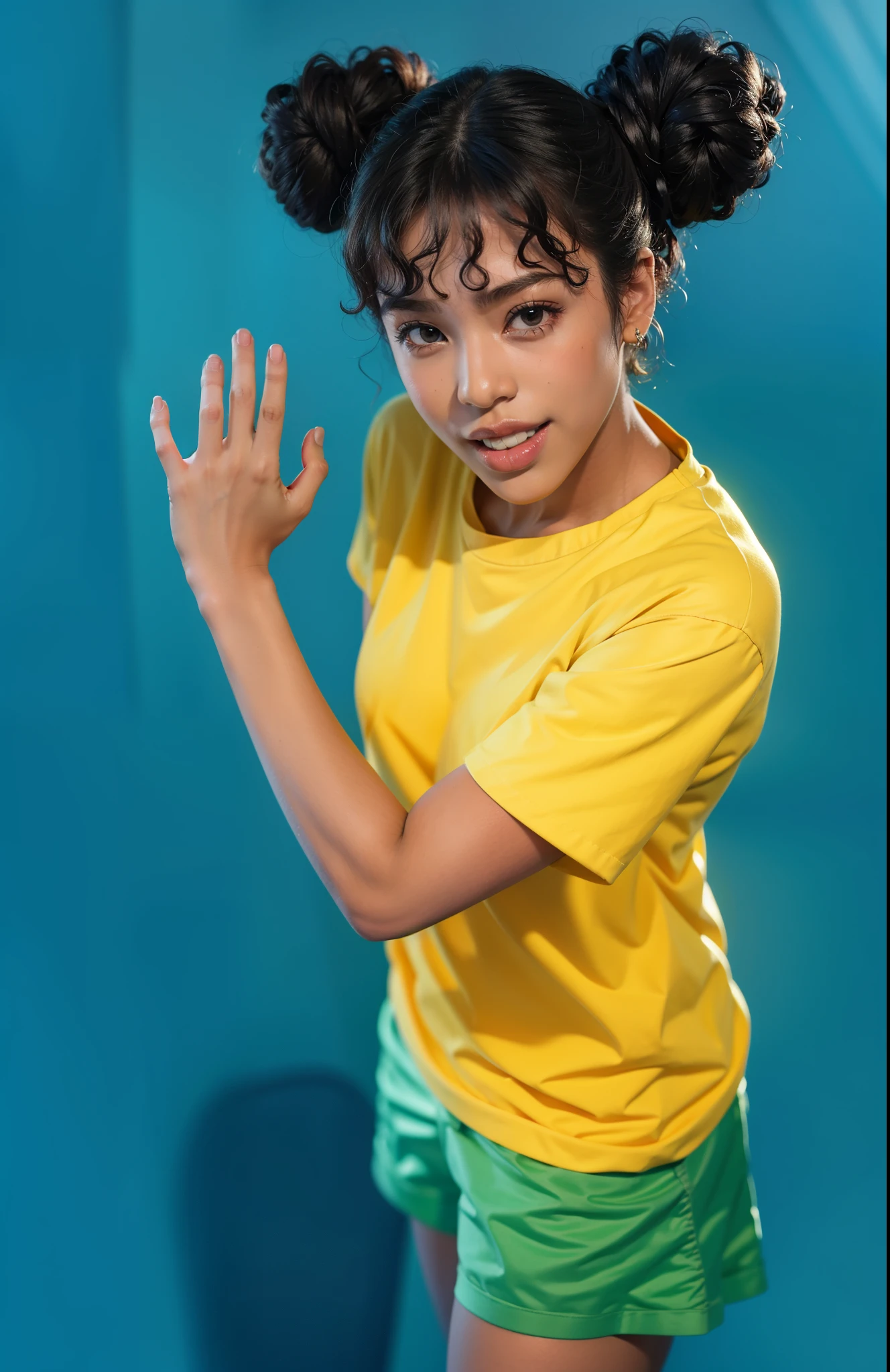 there is a young girl with a yellow shirt and green shorts, wearing a modern yellow tshirt, advertising photo, Afro-American woman with curly hair, glossy hair, spotlight, rim light, detailed fabric textures, glossy costume, reflective, best quality, 4k, masterpiece:1.2, ultra-detailed, realistic, vivid colors, dark and moody lighting, The image of the highest quality, ensuring every detail showcased perfectly. It in 4k resolution, allowing viewers to immerse themselves in the richness of the colors and intricate details. The realistic rendering. under the spotlight, reflecting, high-resolution image, realistic rendering, dark background, and rim light.