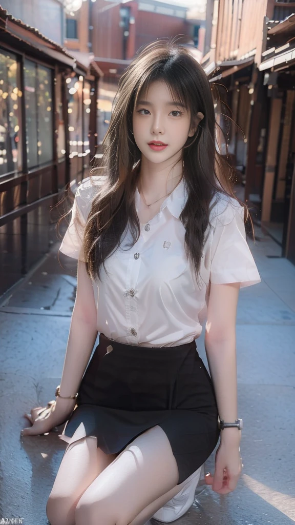 woman, (half-caste, thailand, Japan, Korea), ที่charming, Beauty enhancement, ((walk)), charming, charmingน่าหลงใหล, (Beautiful face, แต่งBeautiful face, Double eyelids, red lips), (black hair, long hair long hairมาก, long hairตรง, long hair, The wind is blowing), มุมมองจากมุมสูงของwomanที่สวยงาม, The texture is realistic., dynamic gesture, (White short-sleeved shirt The shirt is thin and the skin is visible.), (elegant, big breasts, The chest is clearly visible., Seeing the chest mound., I saw a pile of milk.), (Black pencil skirt, Very short, กระโปรงพร้อมเข็มขัดwoman), (Symmetrical shape, sexy figure, small waist, Long legs), (Pitch black high heels, earring, Put on a watch, student brooch), (full body photo, Look at every part of the body.), university backdrop
