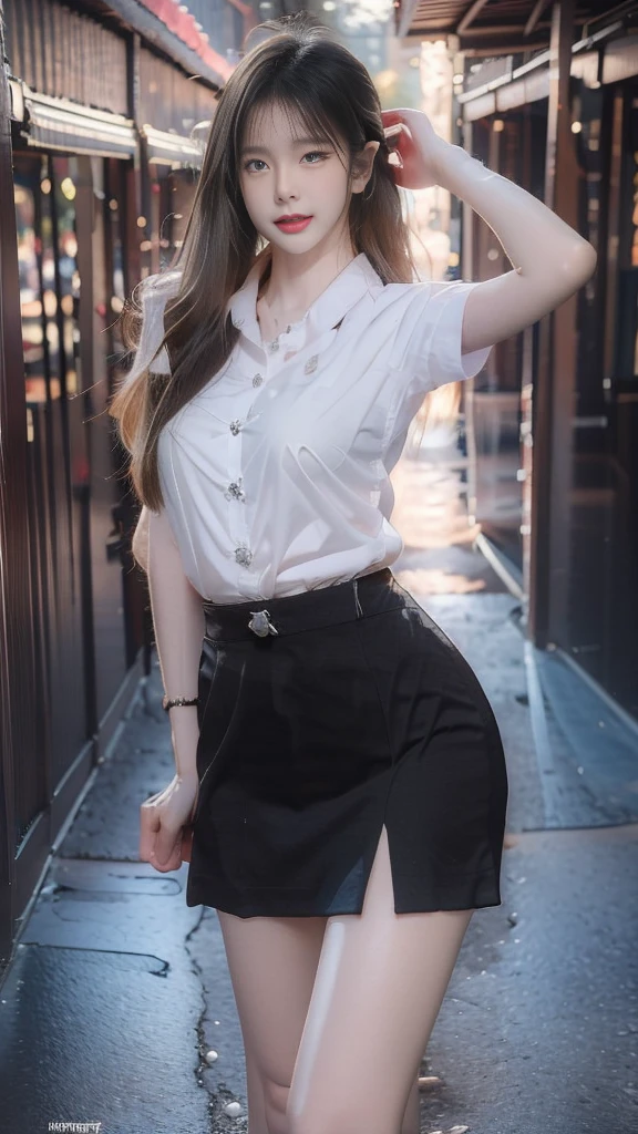 woman, (half-caste, thailand, Japan, Korea), ที่charming, Beauty enhancement, ((walk)), charming, charmingน่าหลงใหล, (Beautiful face, แต่งBeautiful face, Double eyelids, red lips), (black hair, long hair long hairมาก, long hairตรง, long hair, The wind is blowing), มุมมองจากมุมสูงของwomanที่สวยงาม, The texture is realistic., dynamic gesture, (White short-sleeved shirt The shirt is thin and the skin is visible.), (elegant, big breasts, The chest is clearly visible., Seeing the chest mound., I saw a pile of milk.), (Black pencil skirt, Very short, กระโปรงพร้อมเข็มขัดwoman), (Symmetrical shape, sexy figure, small waist, Long legs), (Pitch black high heels, earring, Put on a watch, student brooch), (full body photo, Look at every part of the body.), university backdrop