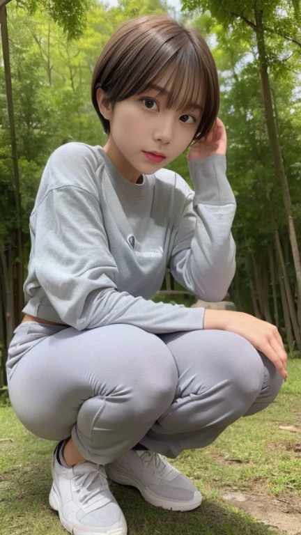 Best quality, raw photo,20 years old Japanese female idol , Short hair ,short bang , gray  sweat pants ,skinny body. squatting, look at viewer, face focus ,in the forest,heavy rain, 