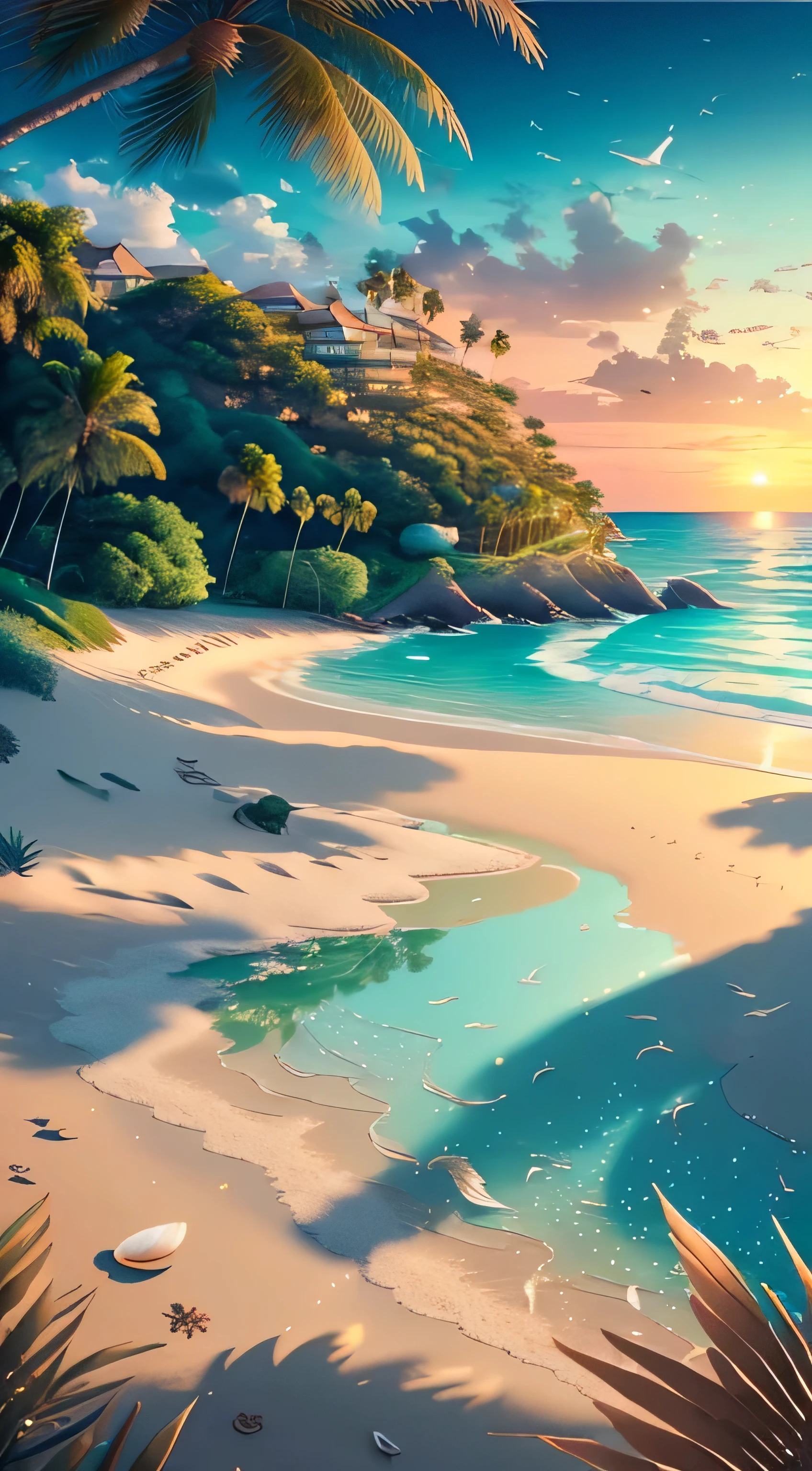 (best quality,8k,highres,masterpiece:1.2),ultra-detailed,realistic,exquisite scenes,depth of fields,cloudless,blue sky,the sun shines on the white sand,roses on the beach,shells on the beach,wild geese in the sky,beach view,crystal clear waters,gentle waves,lush palm trees,soft ocean breeze,seagulls flying in the distance,reflections on the water,serene atmosphere,sunlight streaming through the leaves,impeccable geometric patterns in the sand,sparkling sand particles,subtle shadows,distant mountains,a sense of tranquility,harmonious color palette,vibrant hues,boats sailing in the horizon,sunrise or sunset colors,pastel shades,peaceful surroundings,calm ocean water,a feeling of freedom,wide open spaces,secluded paradise,serenity in nature,timeless beauty,away from civilization,easygoing vibes,luxurious beachfront property,captivating beauty,natural wonders,unspoiled coastline,coconut trees lining the shore,unforgettable sunset,relaxing ambience