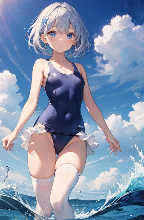 ((highest quality))、((8K))、((High resolution))、((masterpiece、Super detailed))、一人little girl、(height 140cmlittle girl)、((Looking at the camera from the front))、((photo from the knees up))、((standing))、beautiful and delicate blue eyes、beautiful smooth silver hair、Fluffy short hair、gentle and adorable big eyes、smile、((Perfect and beautiful fingertips))、A wearing a navy blue school swimsuit that bounces off sparkling water droplets、flat chest、(white stockings)